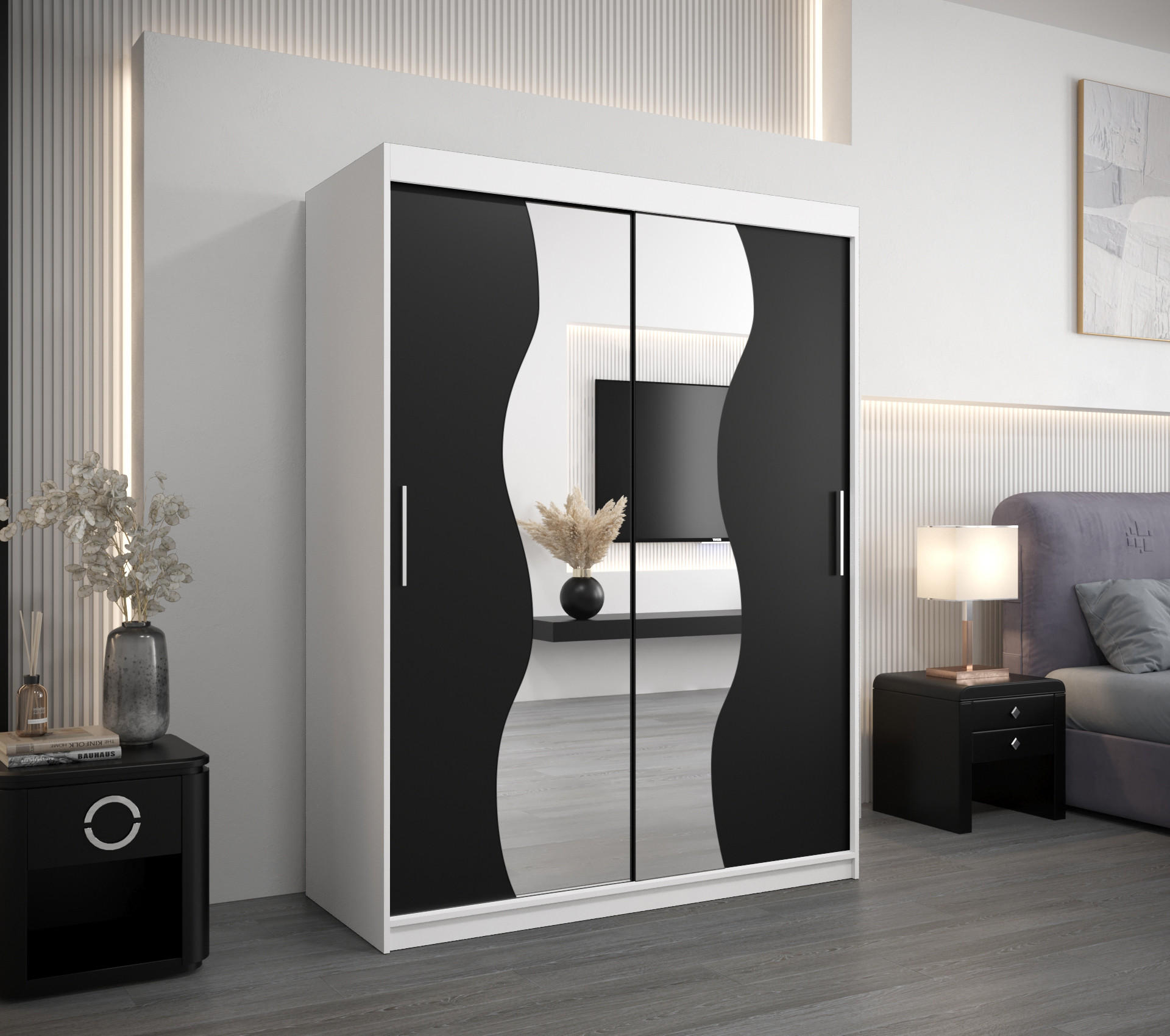 SCHWEBETÜRENSCHRANK 200/150/62 2-türig - Silberfarben/Schwarz, Holz/Kunststoff (150/200/62cm) - MÖBEL KRYSPOL