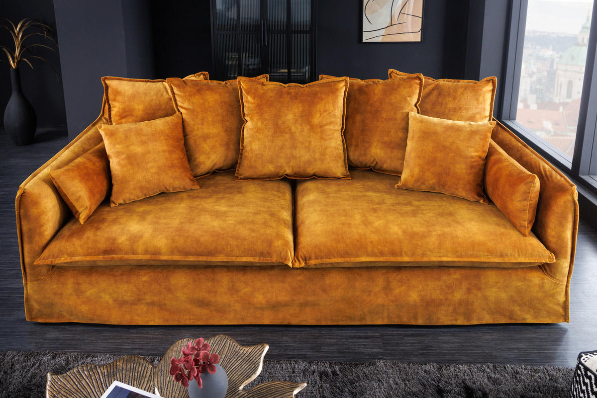 3-SITZER SOFA HEAVEN Samt Senfgelb 200 cm - Gelb, Holz/Textil (202/88/105cm) - riess-ambiente