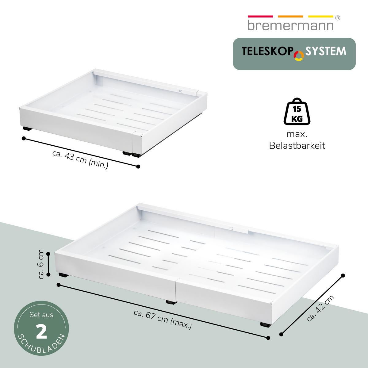 TELESKOPSCHUBLADEN (2er Set), ausziehbar, Metall, weiß - Weiß, Metall (67/6/42cm) - bremermann