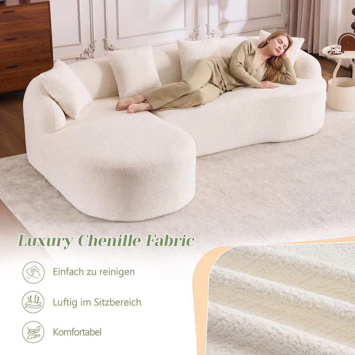 ECKSOFA Chenille Weiß Werkzeugfrei Montierbar - Weiß, Textil (243/150cm) - WISHDOR