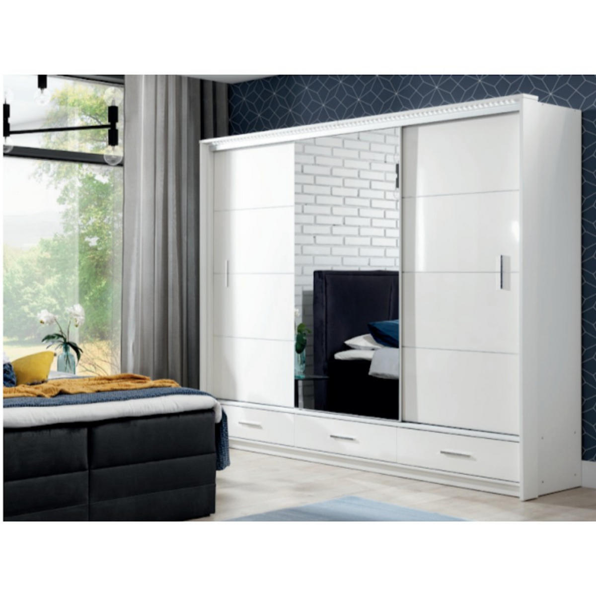 SCHWEBETÜRENSCHRANK Marsylia mit Spiegel und Schubladen, Weiß, 255 cm - Weiß Hochglanz/Weiß, Holzwerkstoff (255/225/61cm) - Beautysofa