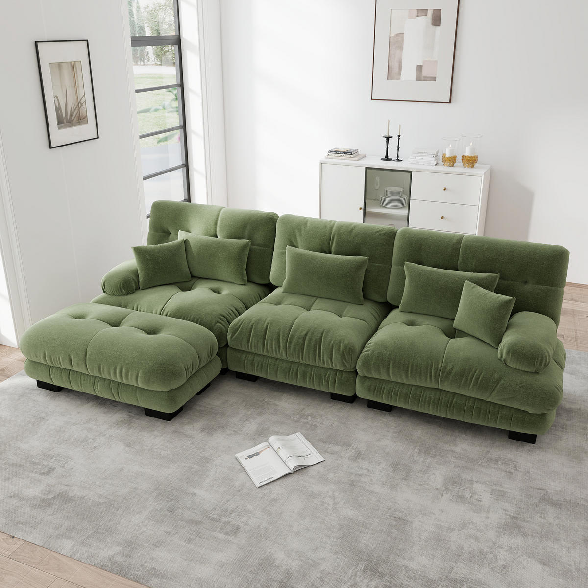 ECKSOFA Chenille Grün mit Ottomane und Kissen - Grün, Textil (313/145cm) - WISHDOR
