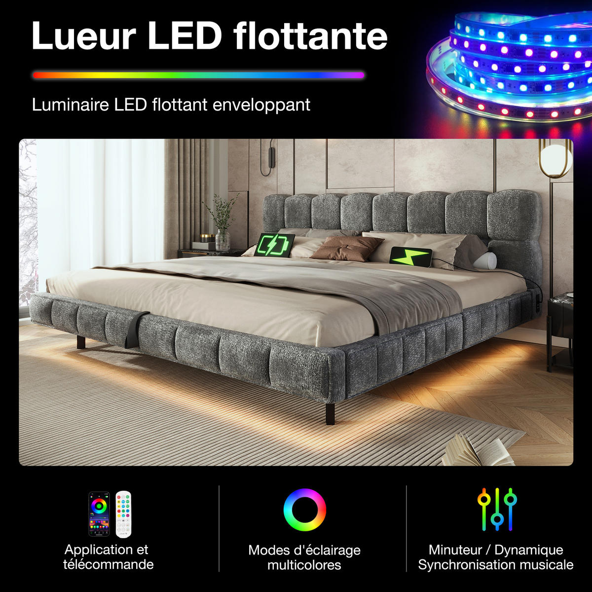 ČALÚNENÁ POSTEĽ 180 × 200 cm v sivej farbe s úložným priestorom, LED osvetlením a USB, zo ženilky - čierna/sivá, kov/kompozitné drevo (180/200cm) - CHICFURN