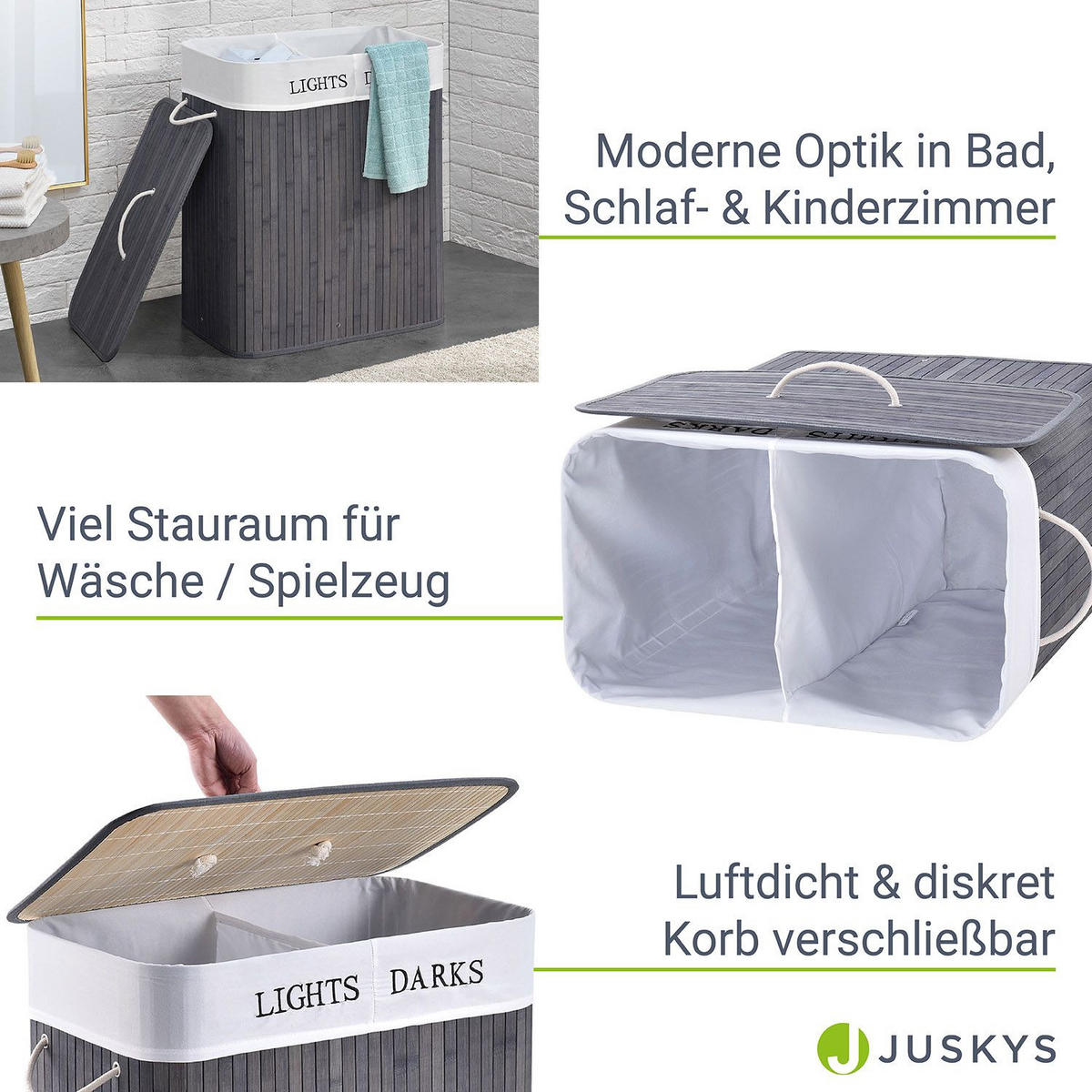 WÄSCHEKORB Curly 100 L grau - Grau, Holz (52/63/32cm) - Juskys