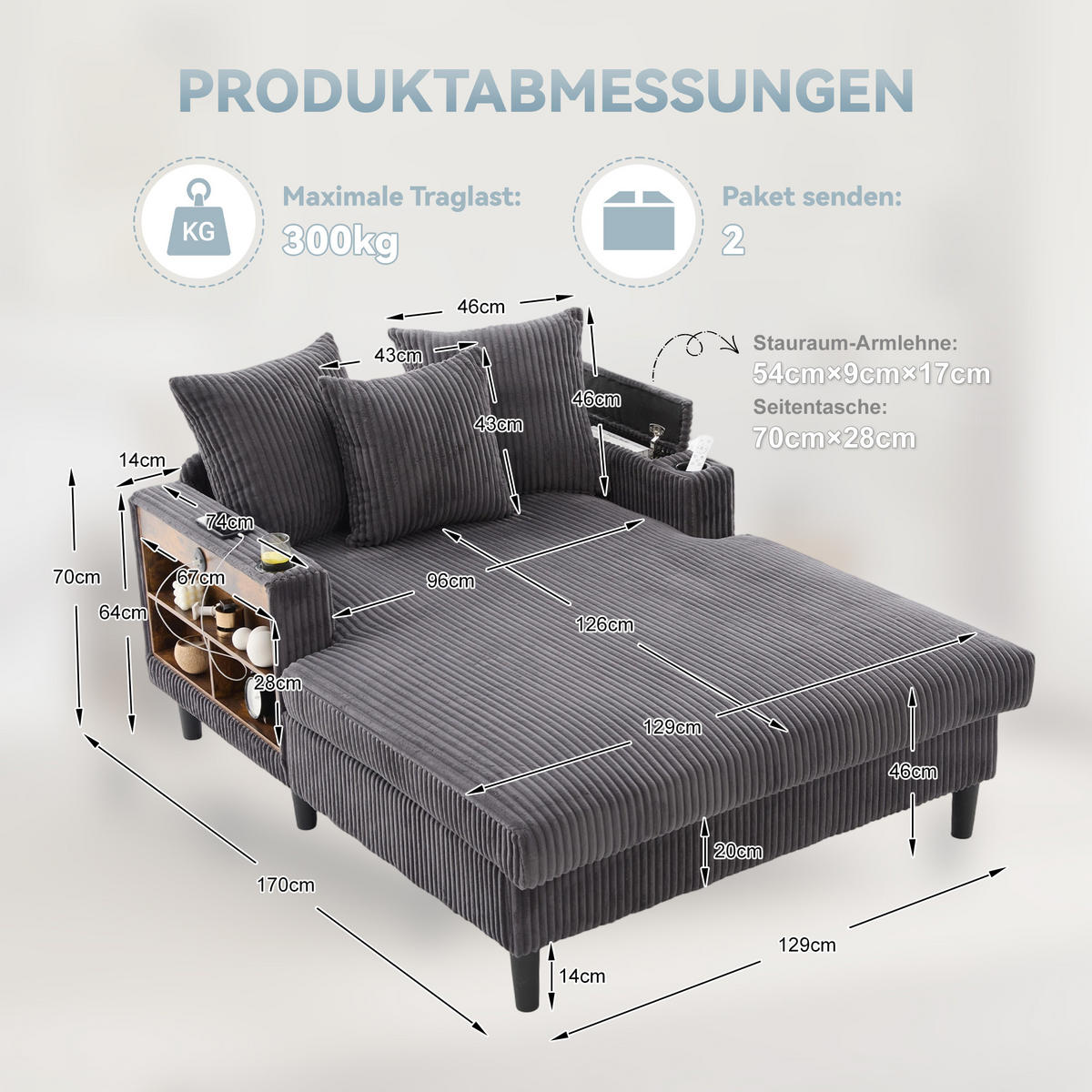 CHAISELONGUE Cord Dunkelgrau mit LED, USB, Stauraum und Becherhaltern - Dunkelgrau, Kunststoff/Textil (129/70/170cm) - WISHDOR