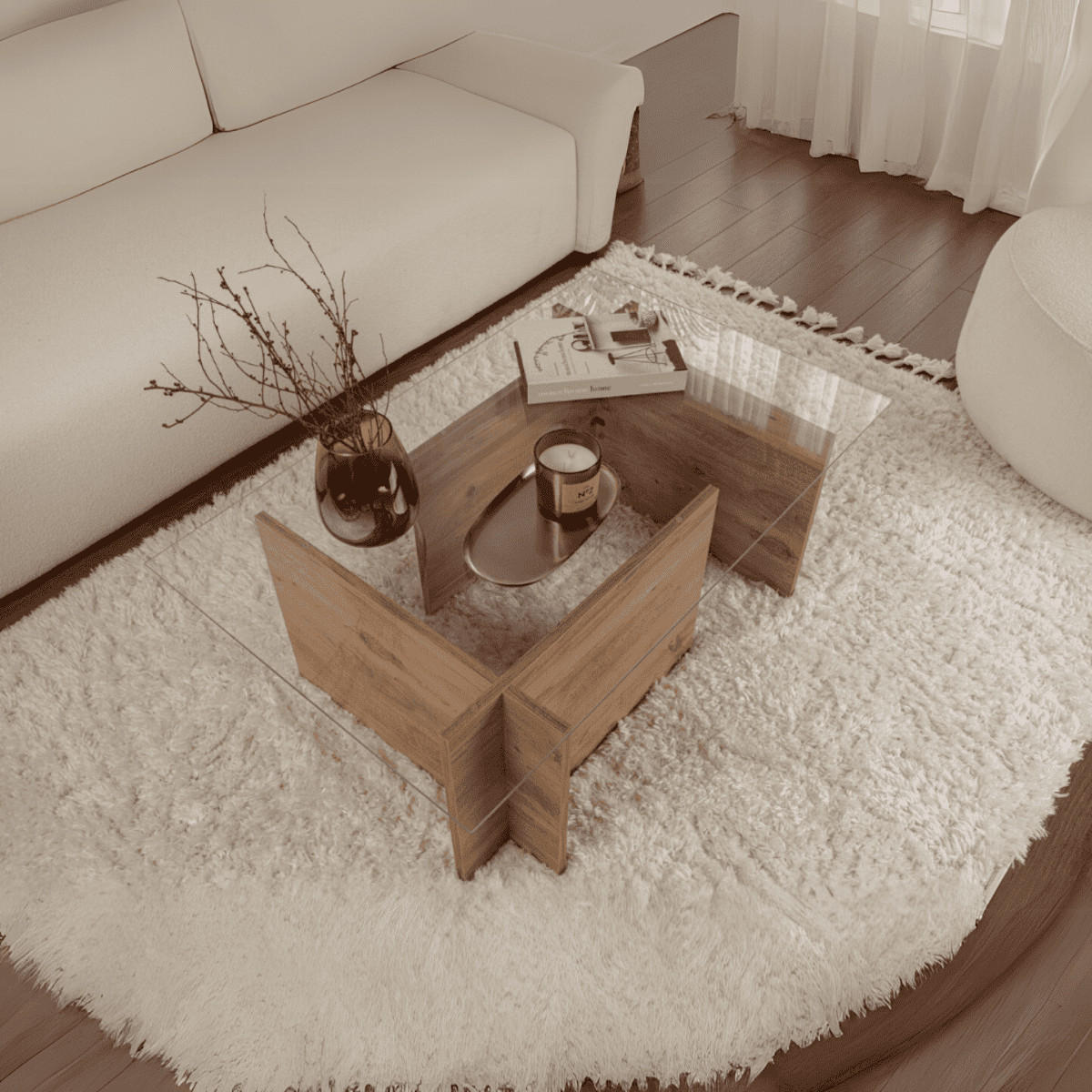 COUCHTISCH mit glasplatte noah 105/65/40 cm - Beige, Holzwerkstoff (105/65/40cm) - Calicosy