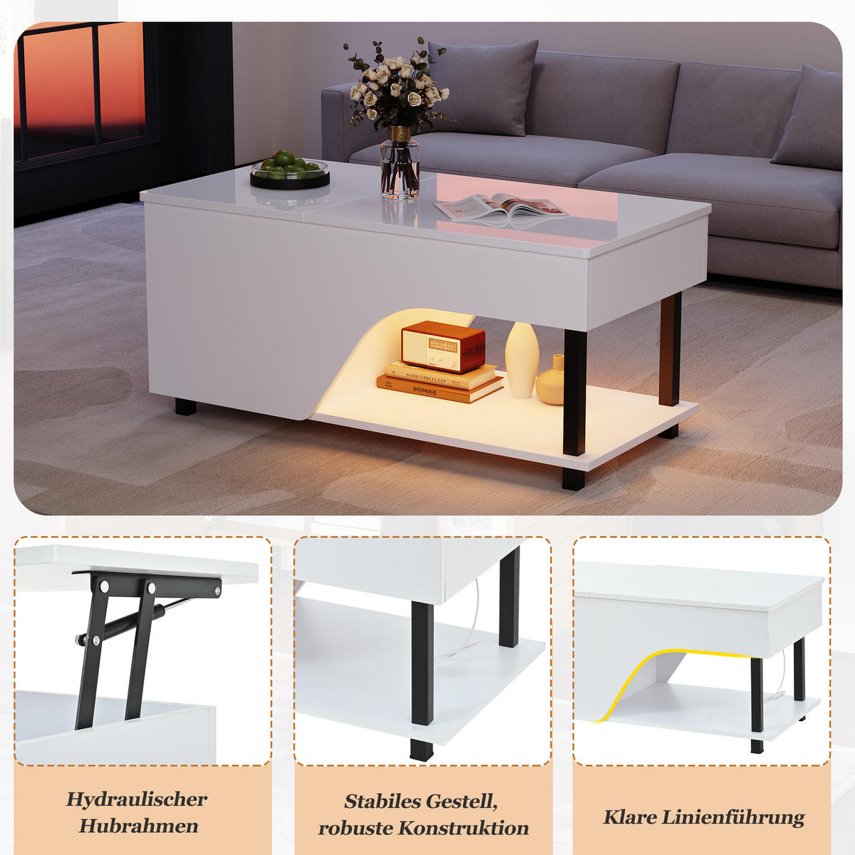 COUCHTISCH höhenverstellbar, Stauraum & Metallgestell, 50/100/46 cm, Spanplatte - Weiß, Holzwerkstoff/Metall (100/50/46cm) - EVRYAE