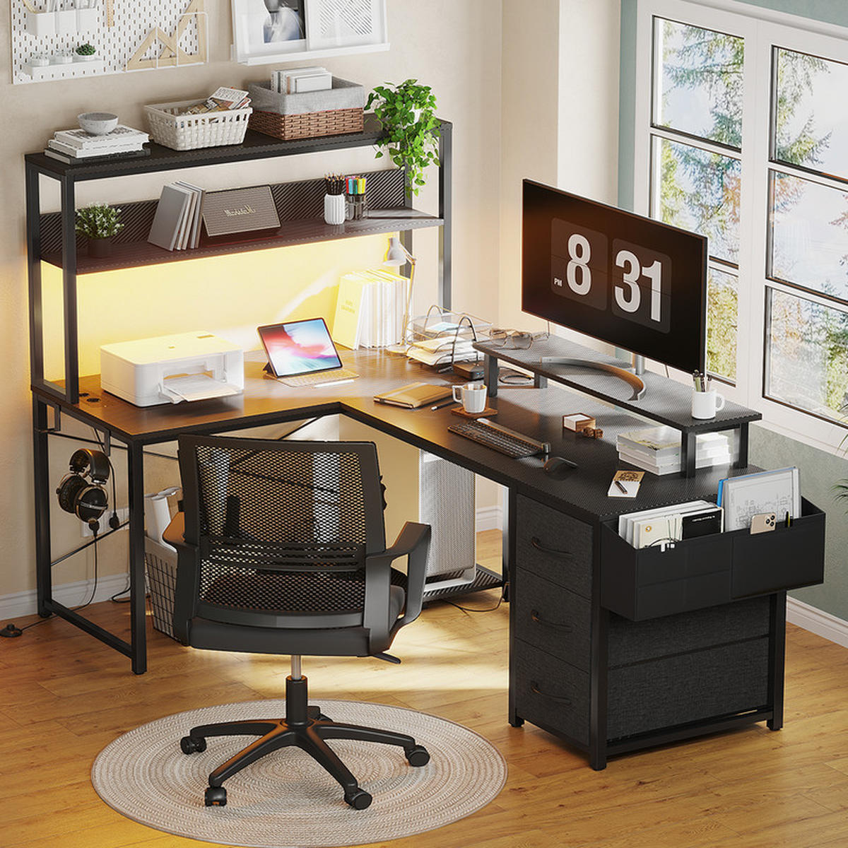 GAMINGTISCH L-förmig mit LED, 148 x 100 x 75 cm, großer Eck-Computertisch mit Stauraum, mit Monitorständer, 2 Steckdosen und USB, 3 Schubladen - Schwarz, Metall (150/48/75cm)