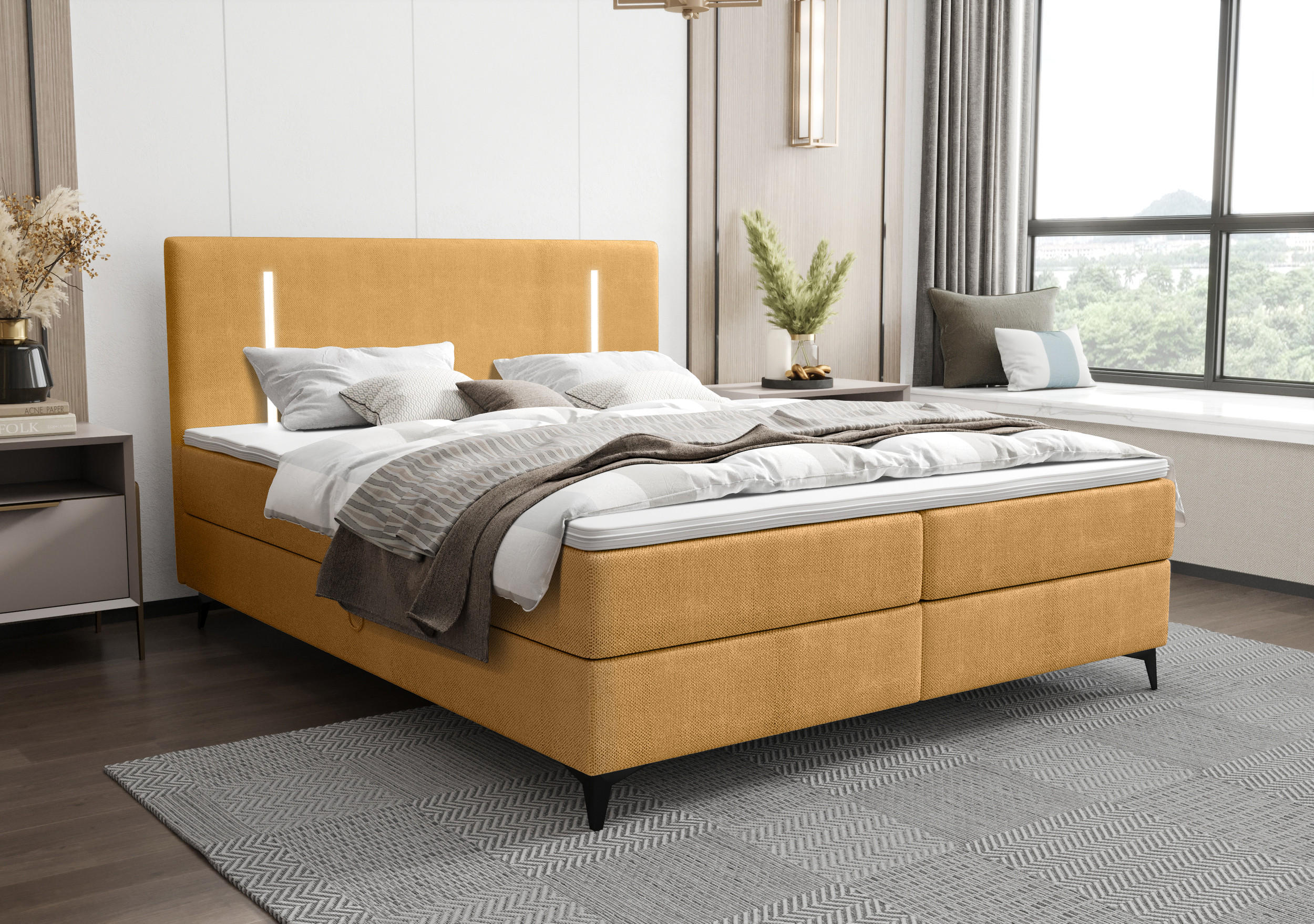 BOXBETT ONO mit Matratze H3, Bonell und Topper 140x200 CURIO 48 - Goldfarben, Textil (140/200cm) - Bedante