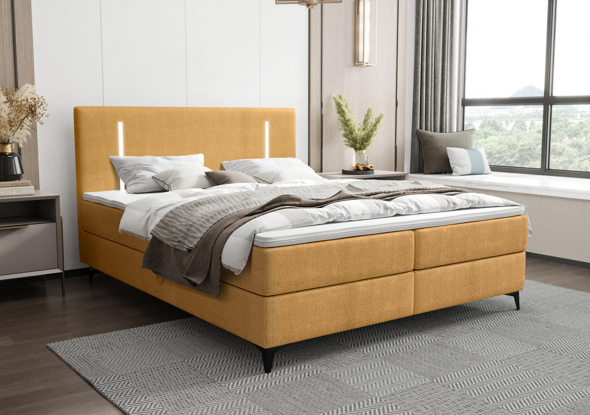 BOXBETT ONO mit Matratze H3, Bonell und Topper 180x200 CURIO 48 - Goldfarben, Textil (180/200cm) - Bedante