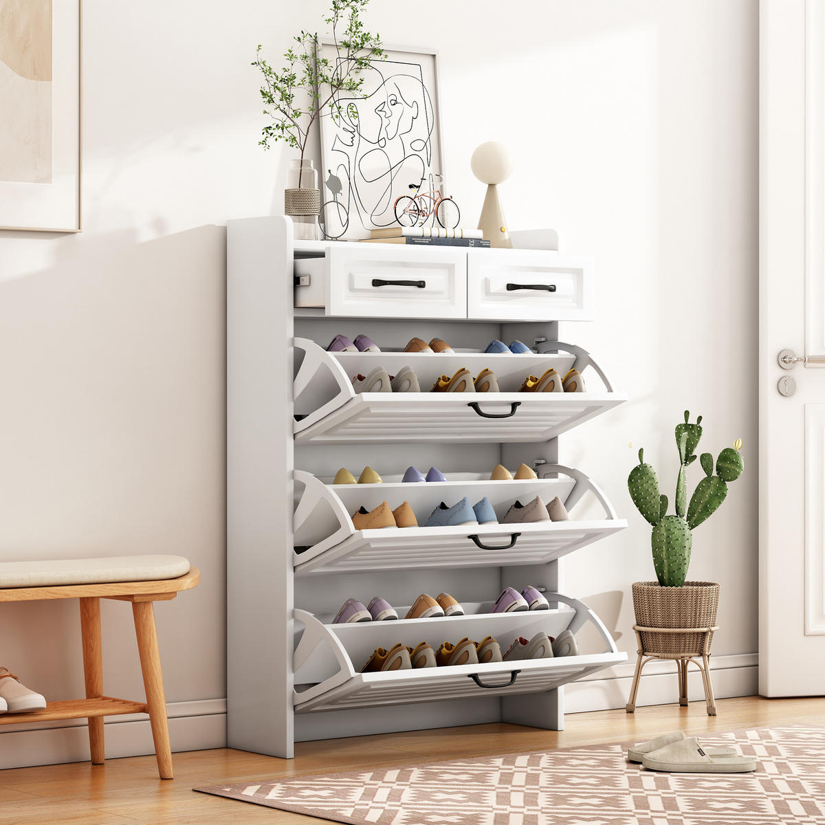 SCHUHSCHRANK 3 Klappen 2 Schubladen Holz 80x23.5x131cm - Weiß, Holzwerkstoff (23.5/131/80cm) - FLIEKS