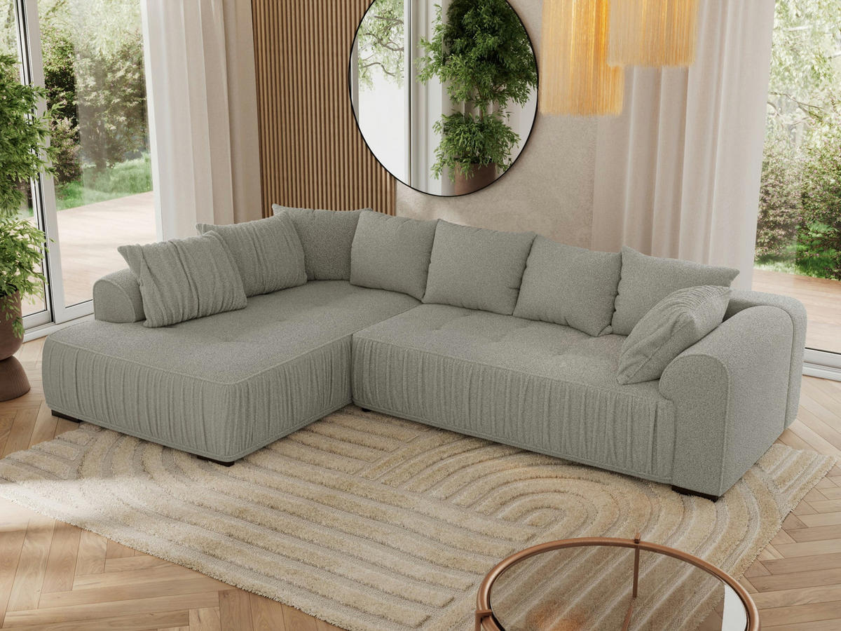ECKSOFA ORTA Hellgrau Boucle - Links - Hellgrau/Schwarz, Textil (325/200cm) - MKS