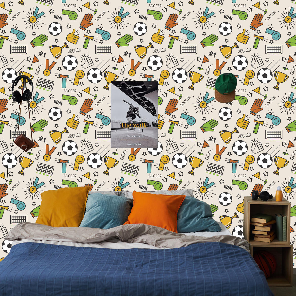 VLIESTAPETE Fußball, Medaillen und Pokale – Bunt, Beige – 50x1000 cm - Beige/Multicolor, Papier (50/1000cm) - Muralo