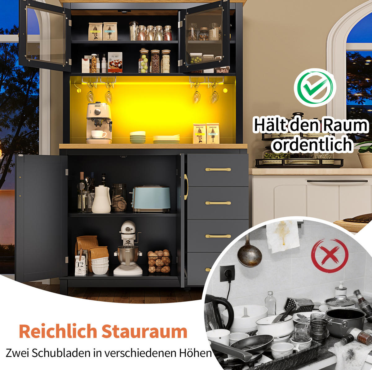 BUFFETSCHRANK 105,5/40/180 cm schwarz aus MDF mit LED-Lichtleiste - Schwarz, Holzwerkstoff (105.5/180/40cm) - OKWISH