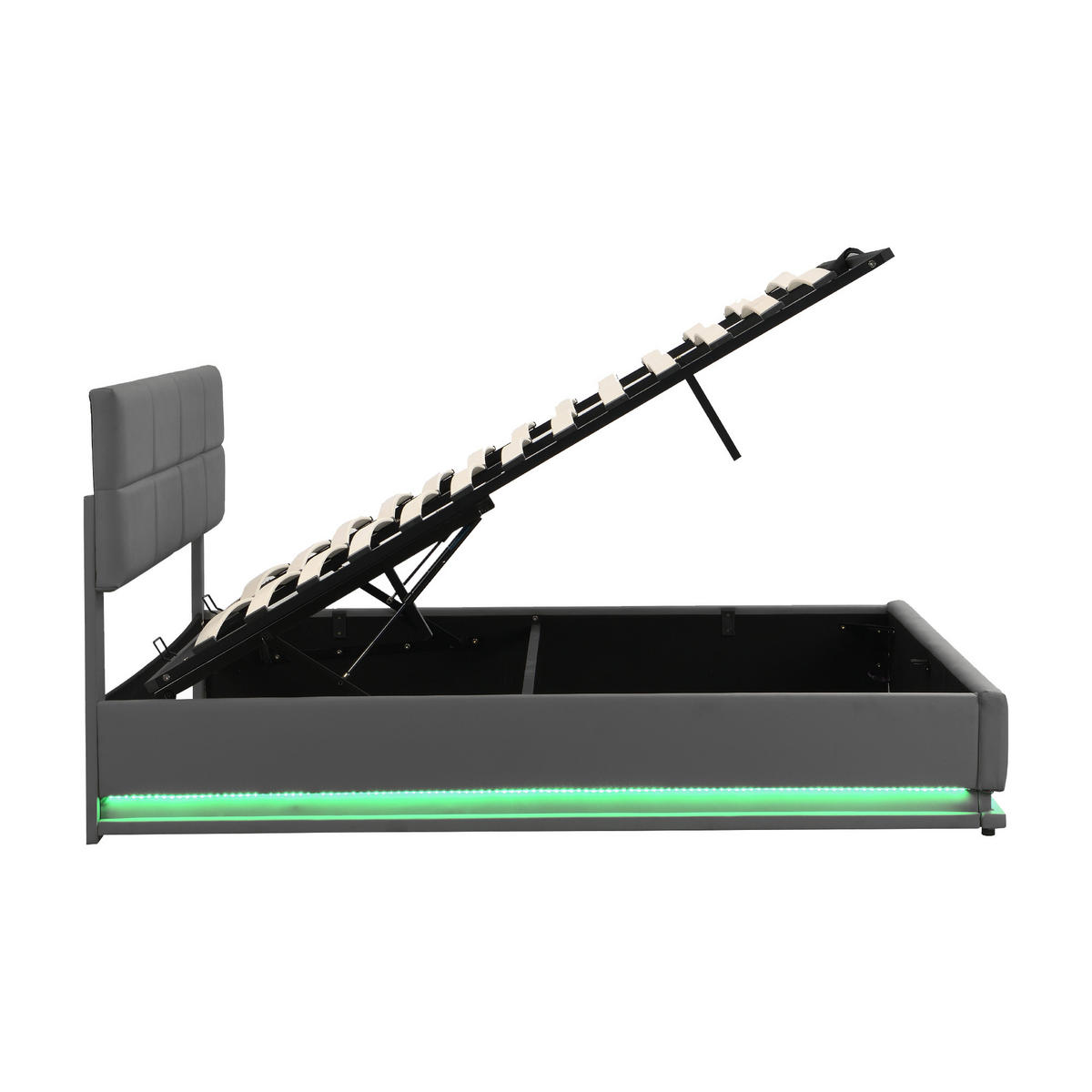 POLSTERBETT 180/200 cm graues Kunstleder mit LED-Beleuchtung und hydraulischem Bettstauraum - Dunkelgrau, Kunststoff (180/200cm) - OKWISH