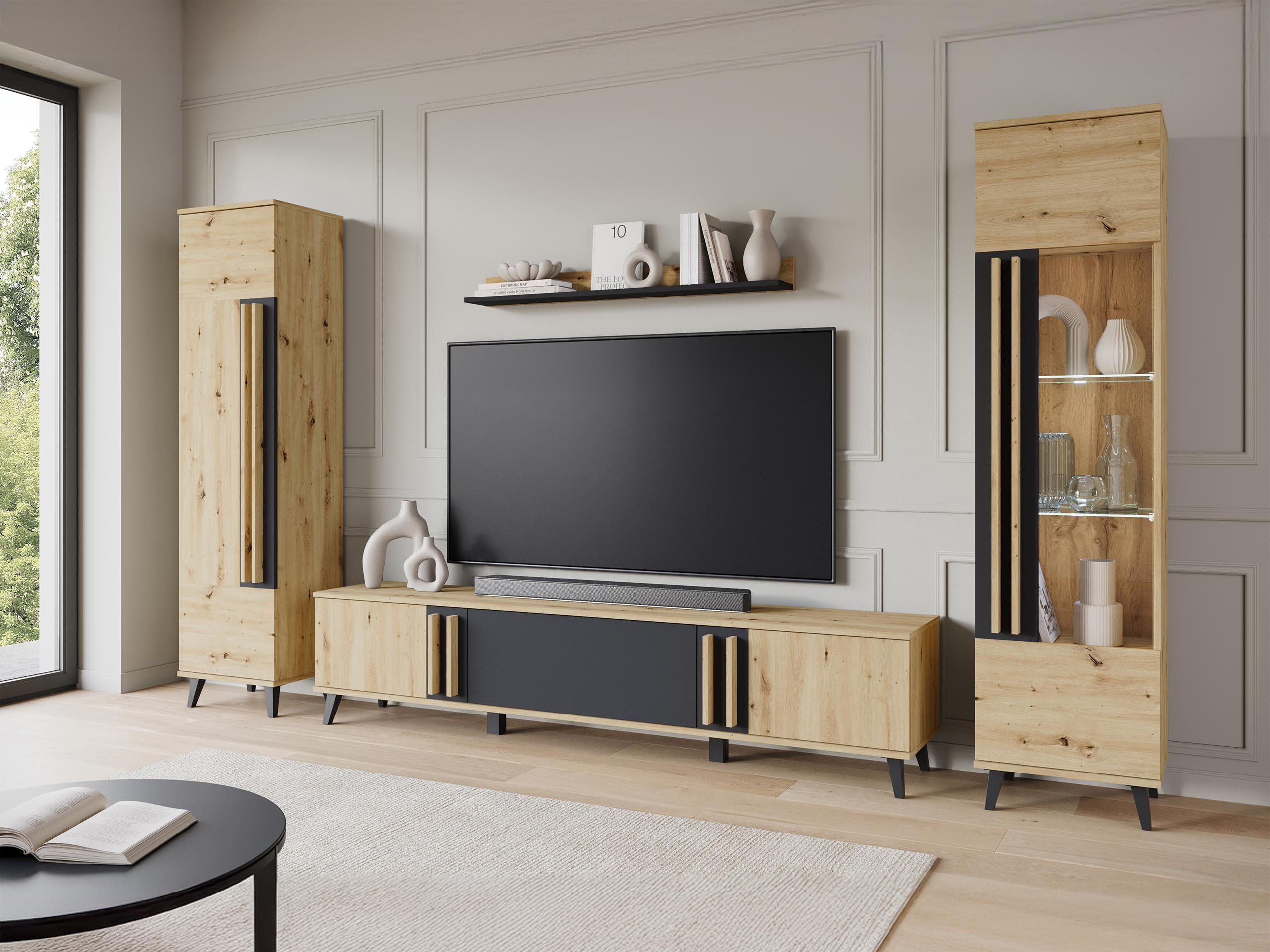 WOHNWAND Helsinki II mit weißer LED Beleuchtung - Schwarz/Graphitfarben, Holzwerkstoff/Kunststoff (180/70/33cm) - MIRJAN24
