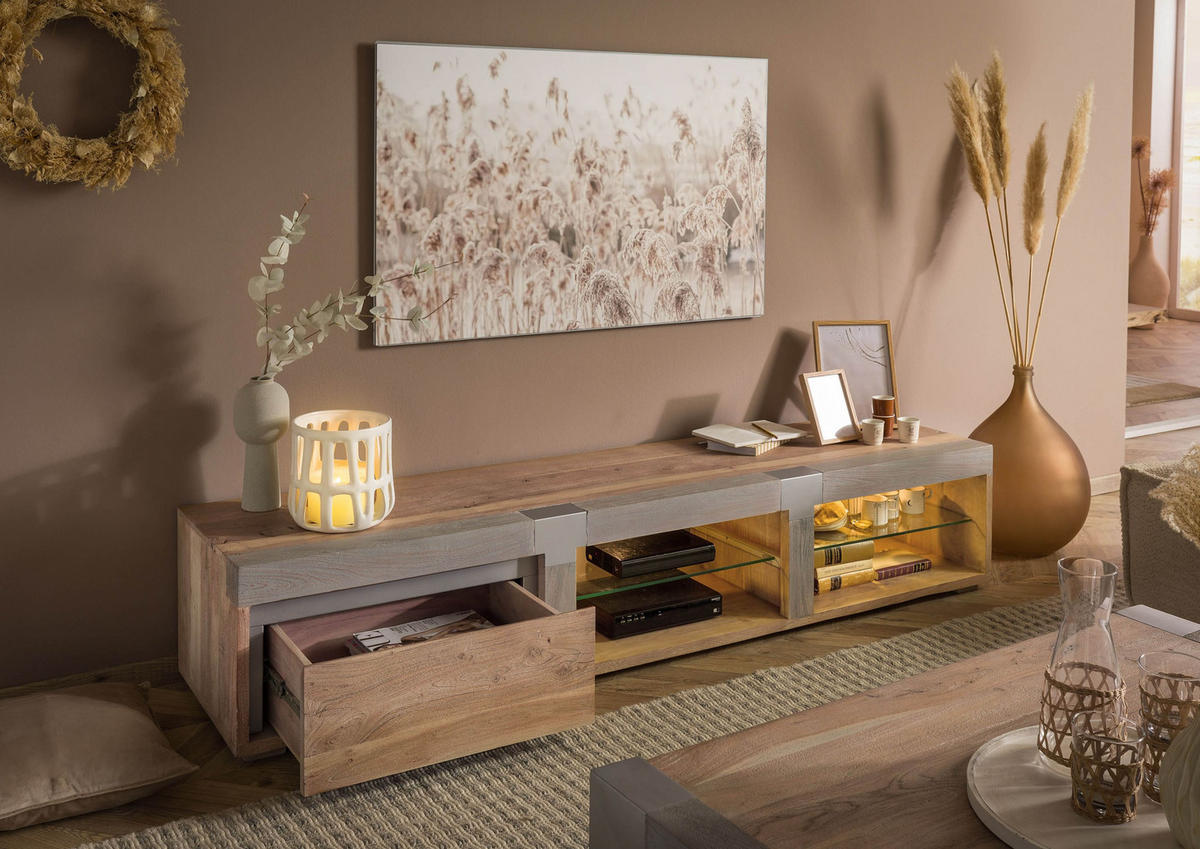 TV-BOARD Akazie 205x48x39 beige lackiert Amsterdam #103 - Beige, Holz (205/39/48cm) - Massivmoebel24