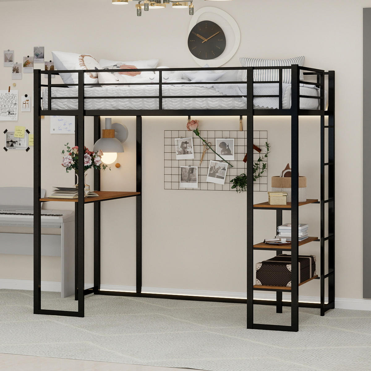 ETAGENBETT 90/200 cm schwarz aus Eisen mit Schreibtisch und beidseitiger Leiter - Schwarz, Metall (90/200cm) - OKWISH