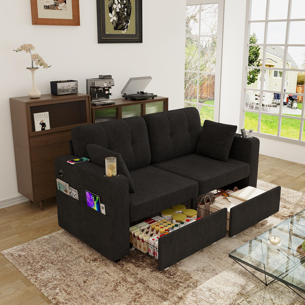2-SITZER Sofa aus Chenille 172x75x82 cm in Schwarz mit USB & Stauraumschubladen - Schwarz, Textil (75/82/172cm) - Modfu