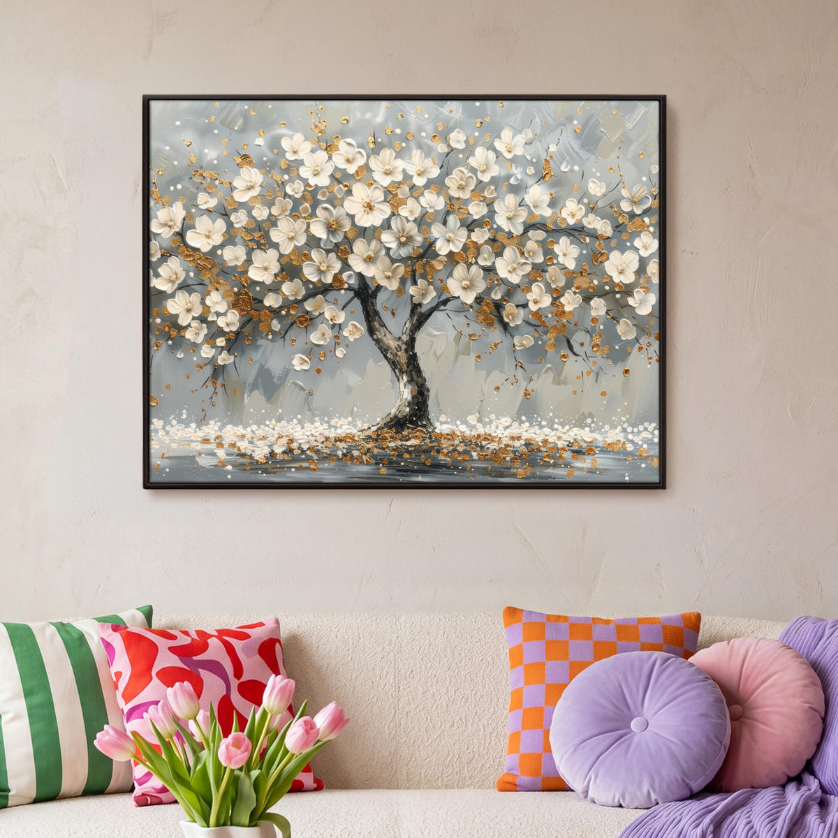 LEINWAND Bilder mit Rahmen - Baum - Blumen - Weiß - Natur - Kunst - 100x70 - Weiß, Textil (100/70cm) - MuchoWow