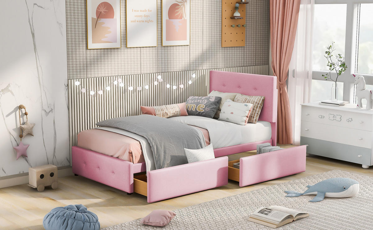 POLSTERBETT 90x200 cm Schubladen Samt rosa - Rosa, Textil (90/200cm) - Fortuna Lai