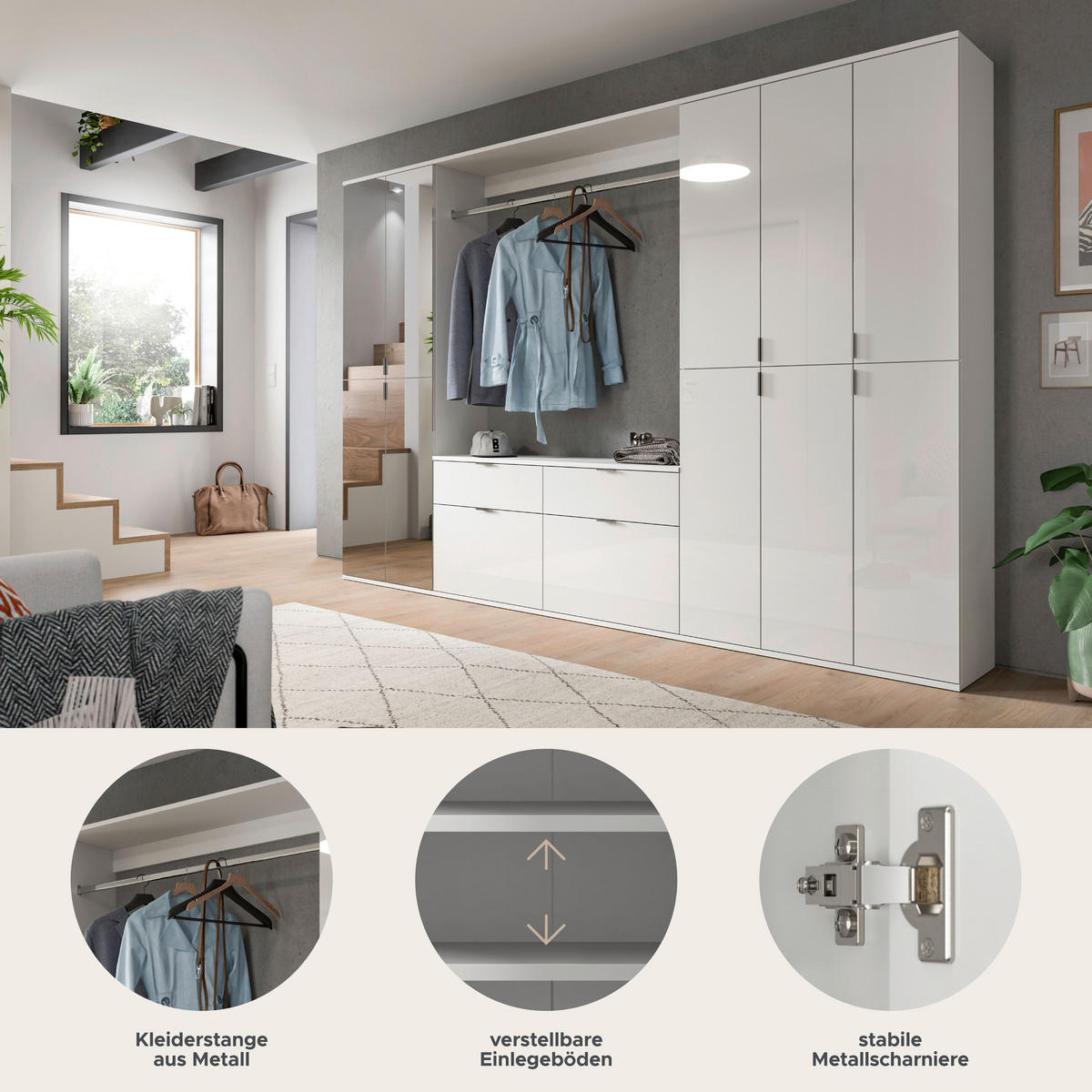 GARDEROBENKOMBINATION 4tlg. Projekt X Garderobe in weiß Nb. und weiß hochglanz B/H/T: 273x193x34 cm - Weiß, Holzwerkstoff (273/193/34cm)