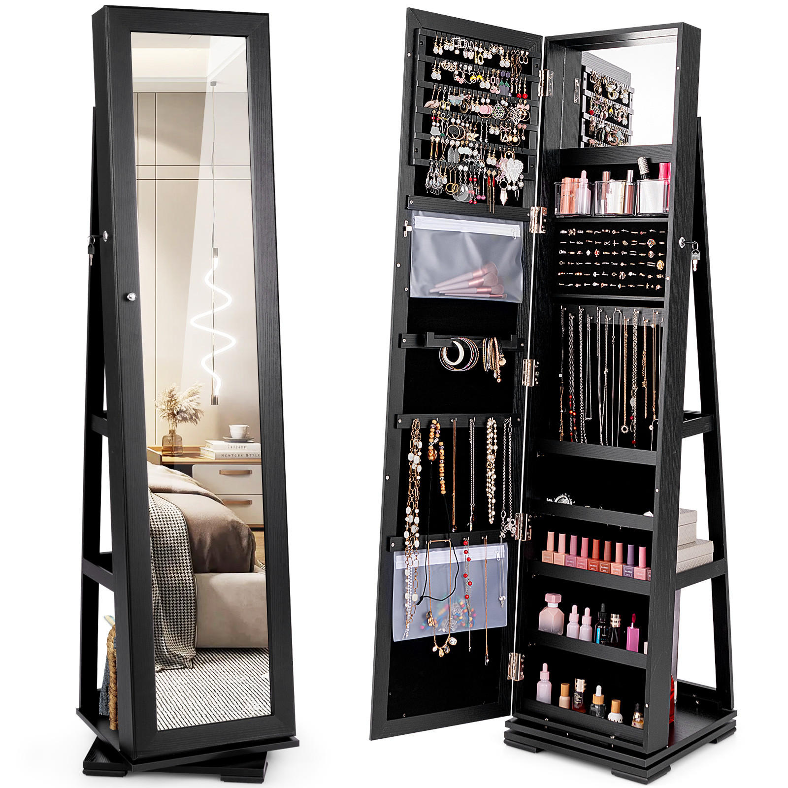 Costway Schmuckschrank Schwarz 39x161x39 cm