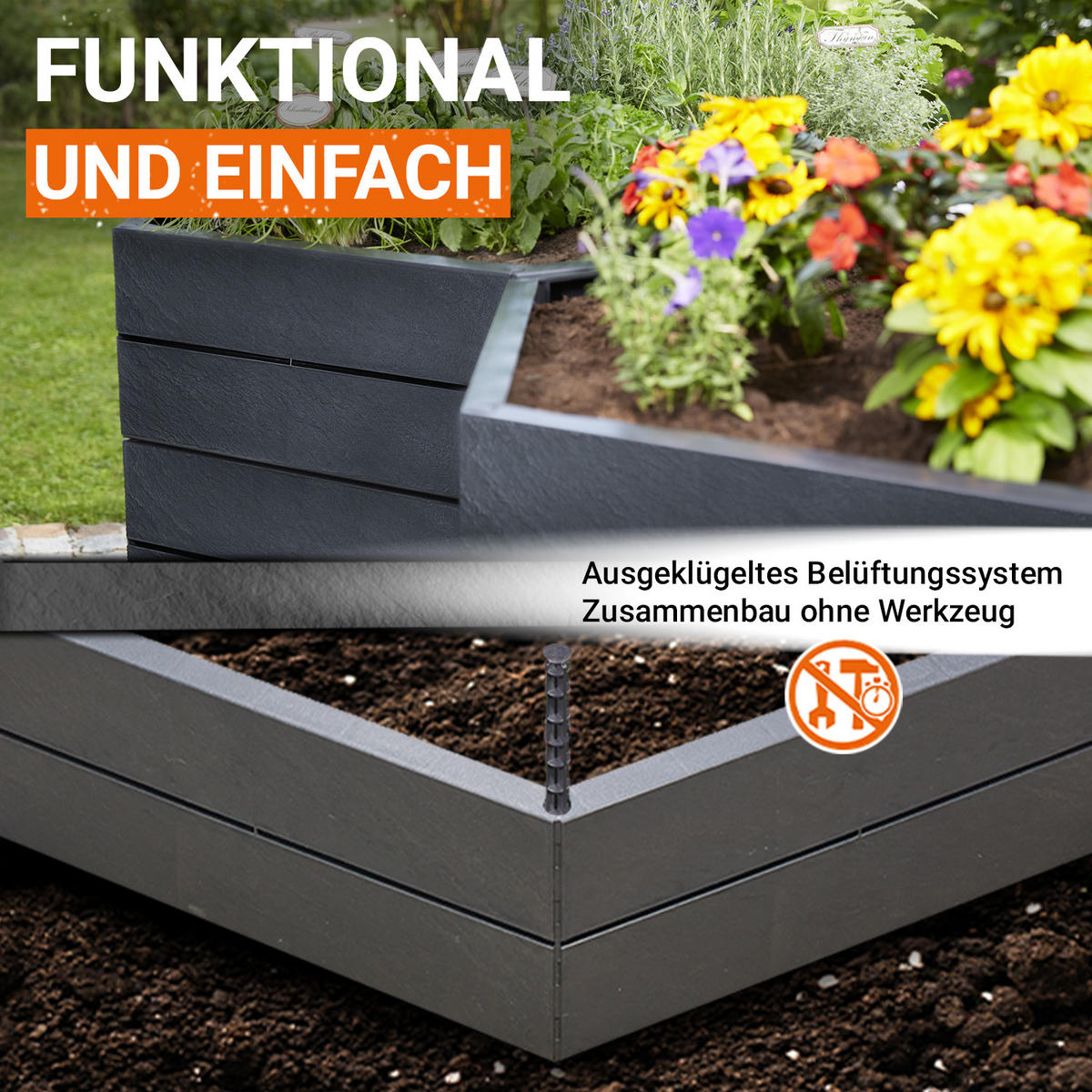 HOCHBEET-SYSTEM XL, 6 Paneele inkl. Verbinder - Anthrazit, Kunststoff (145/25/145cm) - GARANTIA