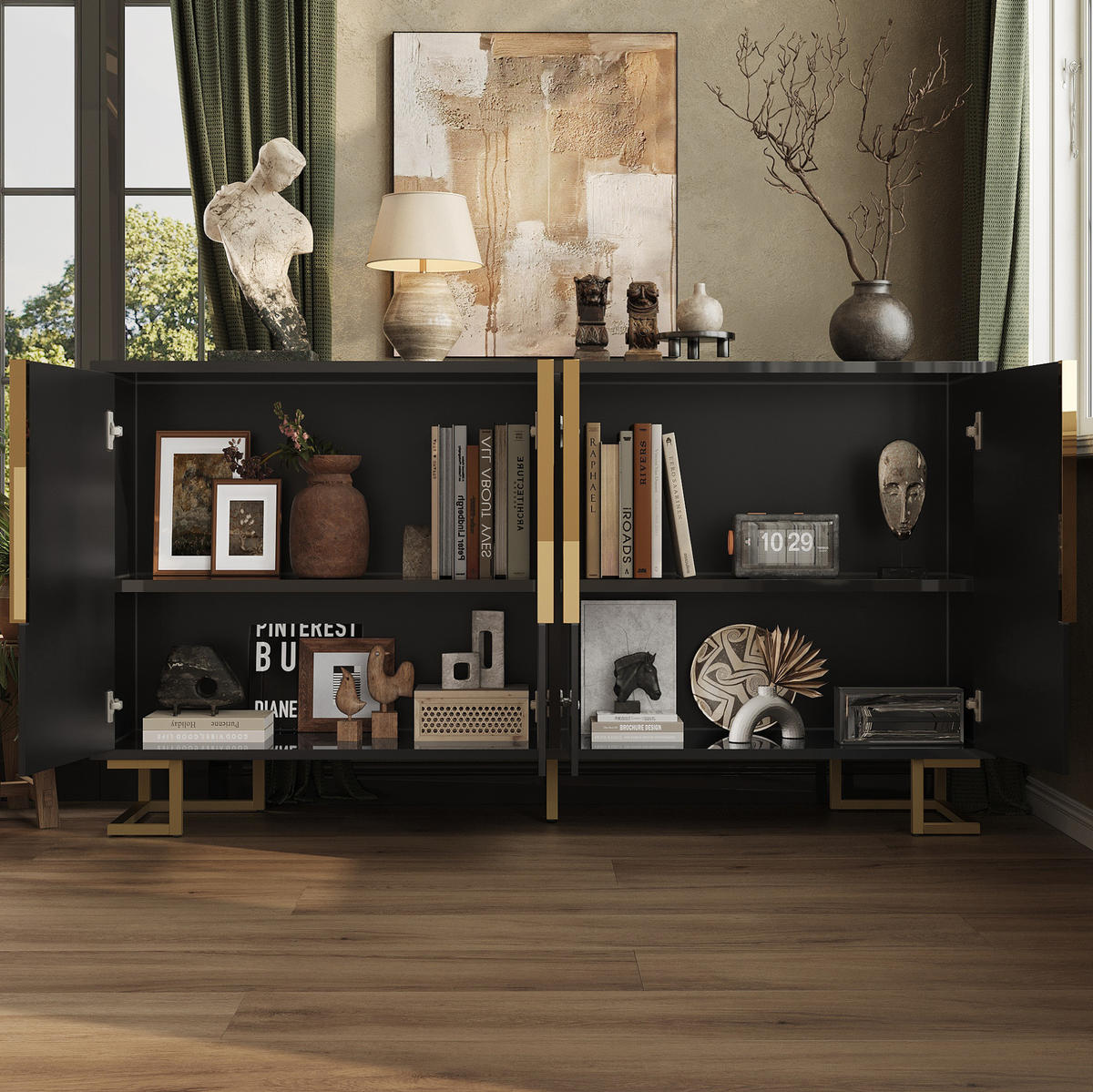 KOMODA 152/40/75 cm čierna s geometrickými dvierkami a kovovými nohami z MDF - čierna, kompozitné drevo (152/75/40cm) - OKWISH