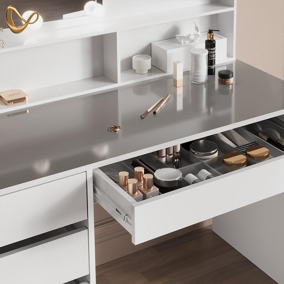 SCHMINKTISCH Imola Weiß mit LED Beleuchtung, Hocker und Spiegelregal - Weiß, Holzwerkstoff (145/75/55cm) - Livinity®