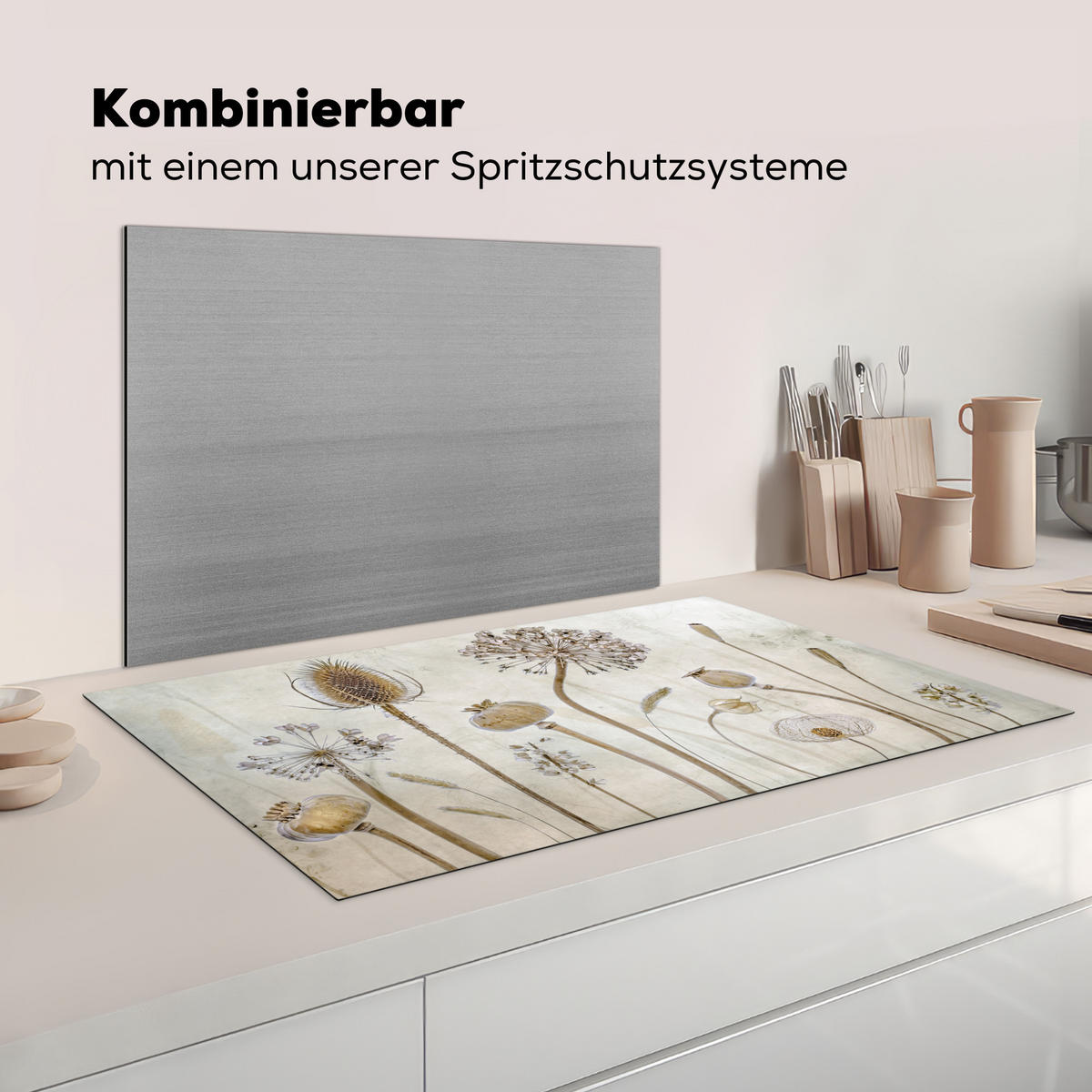 KRYT NA INDUKČNÍ DESKU Květiny - Akvarel - Zátiší - Hnědá - Vintage 89.6x51.6 cm - písková barva, plast (89.6/51.6/0.2cm) - MuchoWow