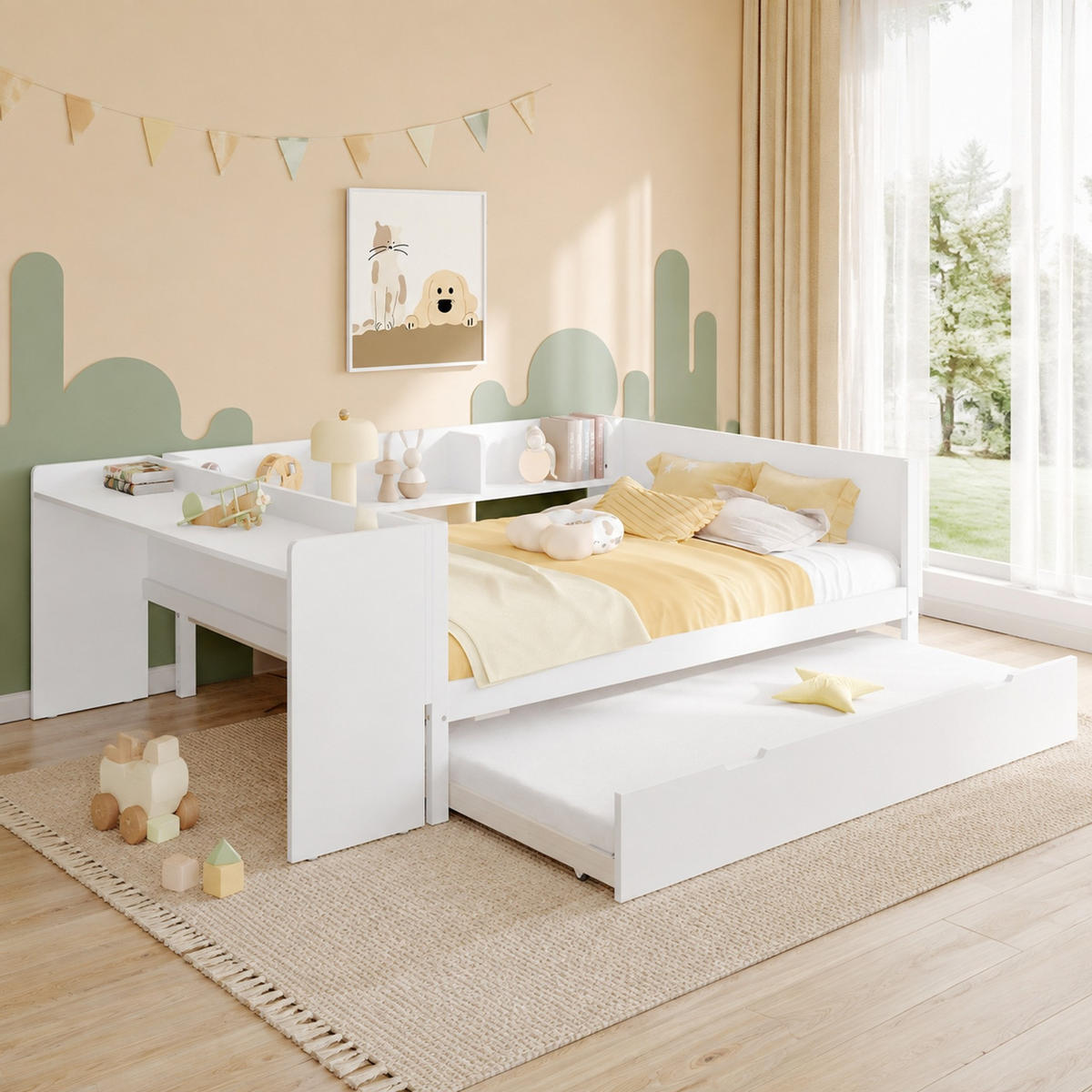 JUGENDBETT 140/200 mit Ausziehbett, Schreibtisch, 3 Regalen und Lattenrost in Weiß - Weiß, Holzwerkstoff (140/200cm) - EVRYAE