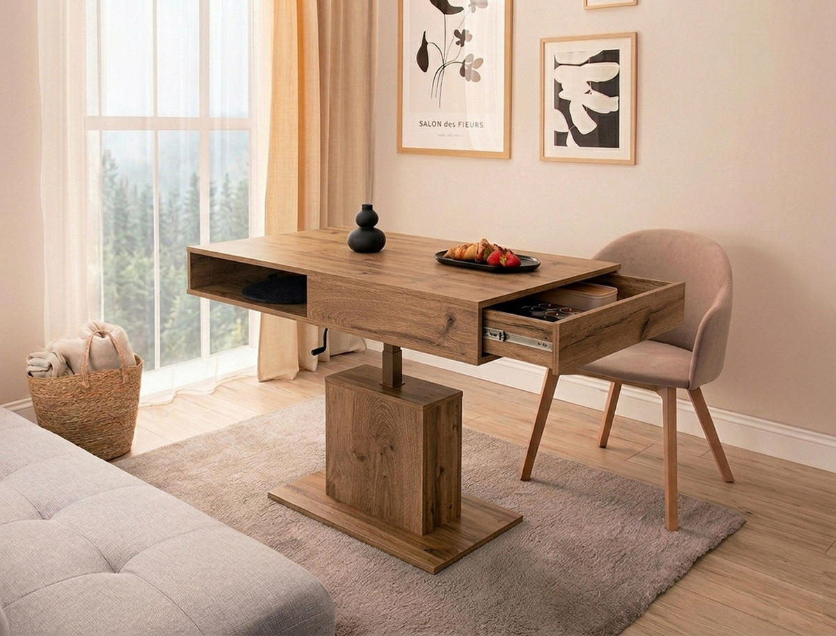 COUCHTISCH rechteckig stufenlos höhenverstellbar Schubalde 110/65/59 cm - Eichefarben, Holzwerkstoff (65/110/59cm) - designimpex