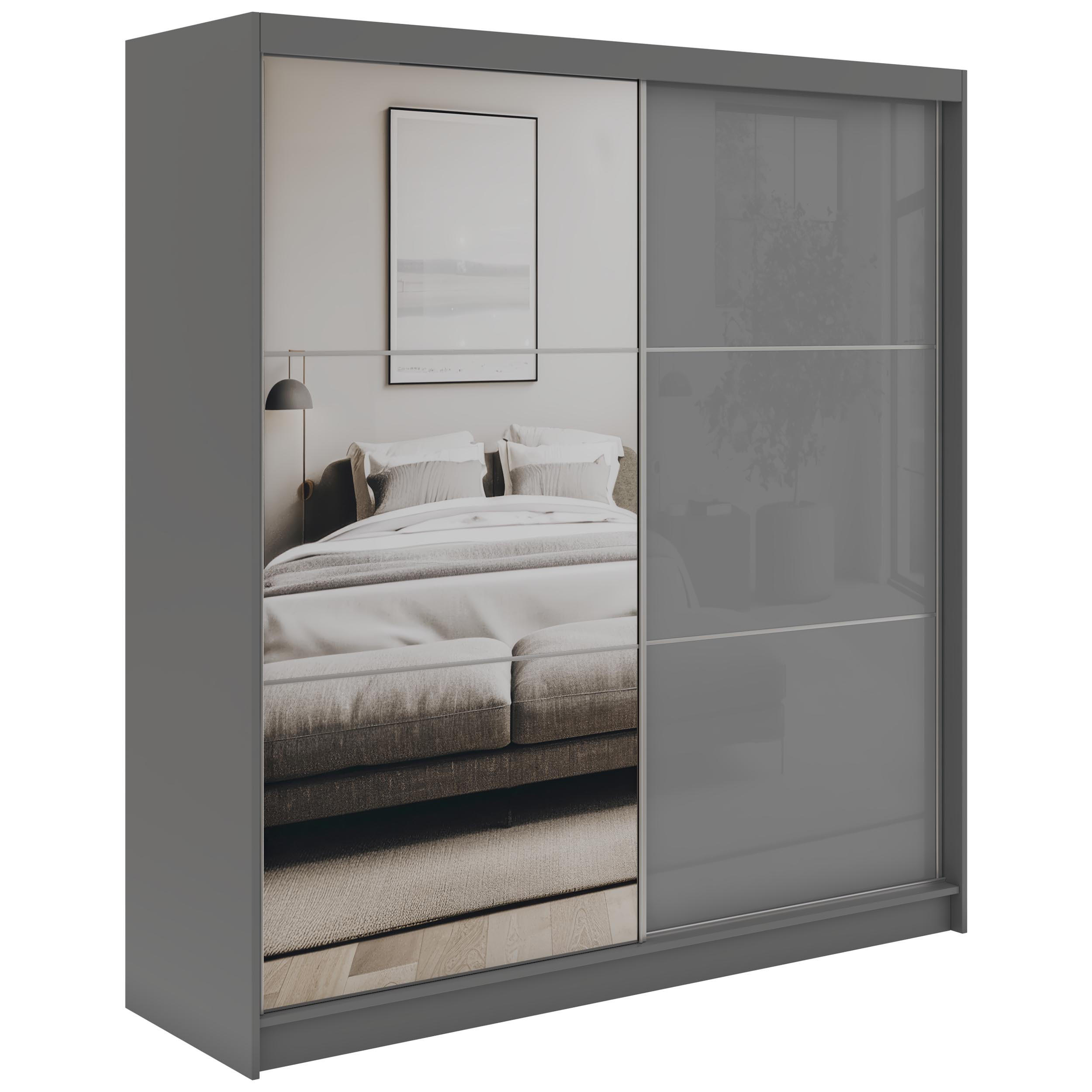 SCHWEBETÜRENSCHRANK mit Spiegel - WALENCJA - 200 - Grau lacobel - Alufarben/Grau, Holzwerkstoff/Metall (200/216/61cm) - MKS