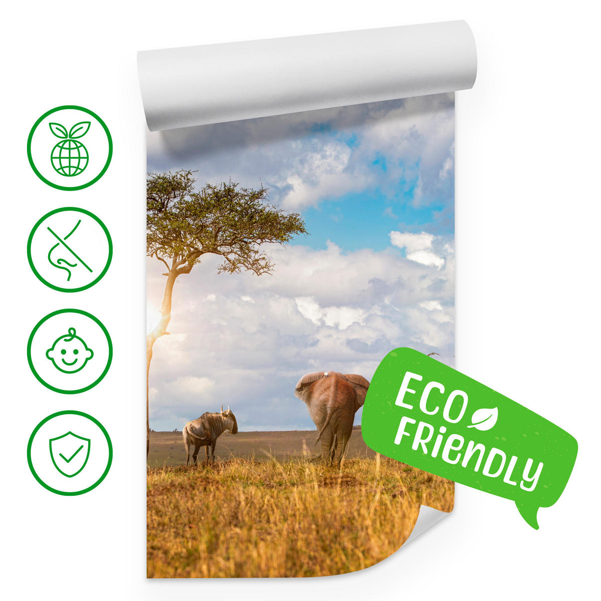 FOTOTAPETE für Kinderzimmer Safari Tiere Elefant Giraffe Löwe 300x210 - Beige/Braun, Papier (300/210cm) - Muralo