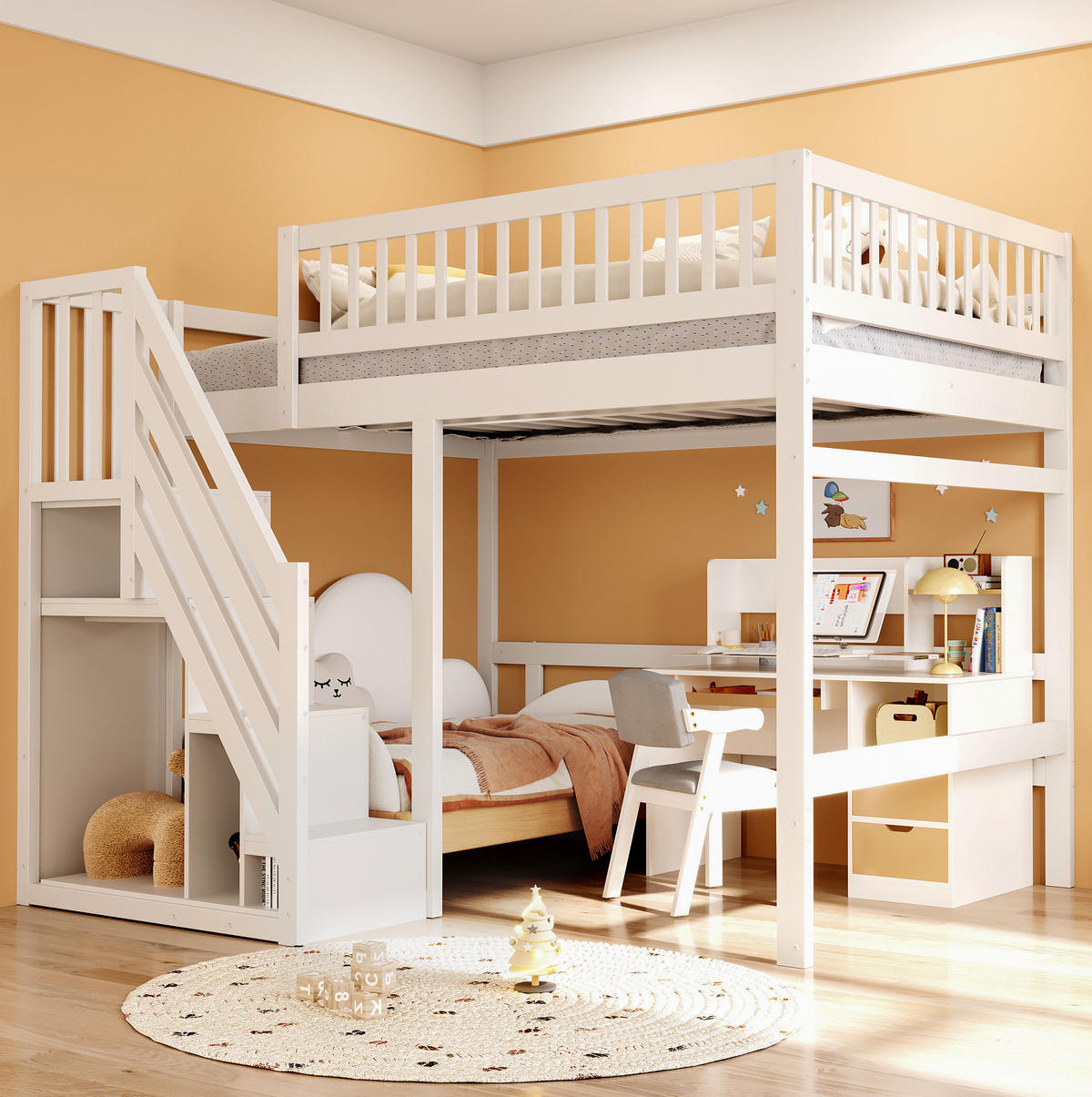 HOCHBETT 140/200 cm weiß aus Holz mit Stauraumtreppe - Weiß, Holzwerkstoff (140/200cm) - OKWISH