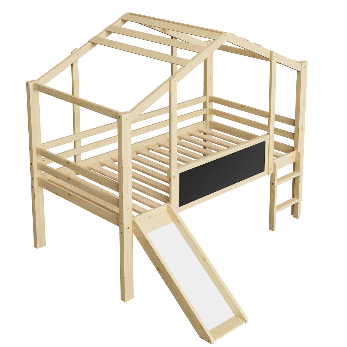 HOCHBETT 90/200 cm Dachboden-Design mit Rutsche und Tafel aus Massivholz - Naturfarben, Holz (90/200cm) - OKWISH