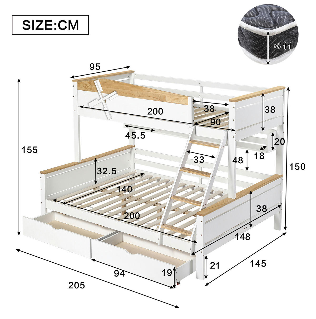 ETAGENBETT 90/200 cm & 140/200 cm in Weiß/Natur mit Windmühle, Regalen und Schubladen - Weiß, Holzwerkstoff (90/200cm) - OKMYHOME
