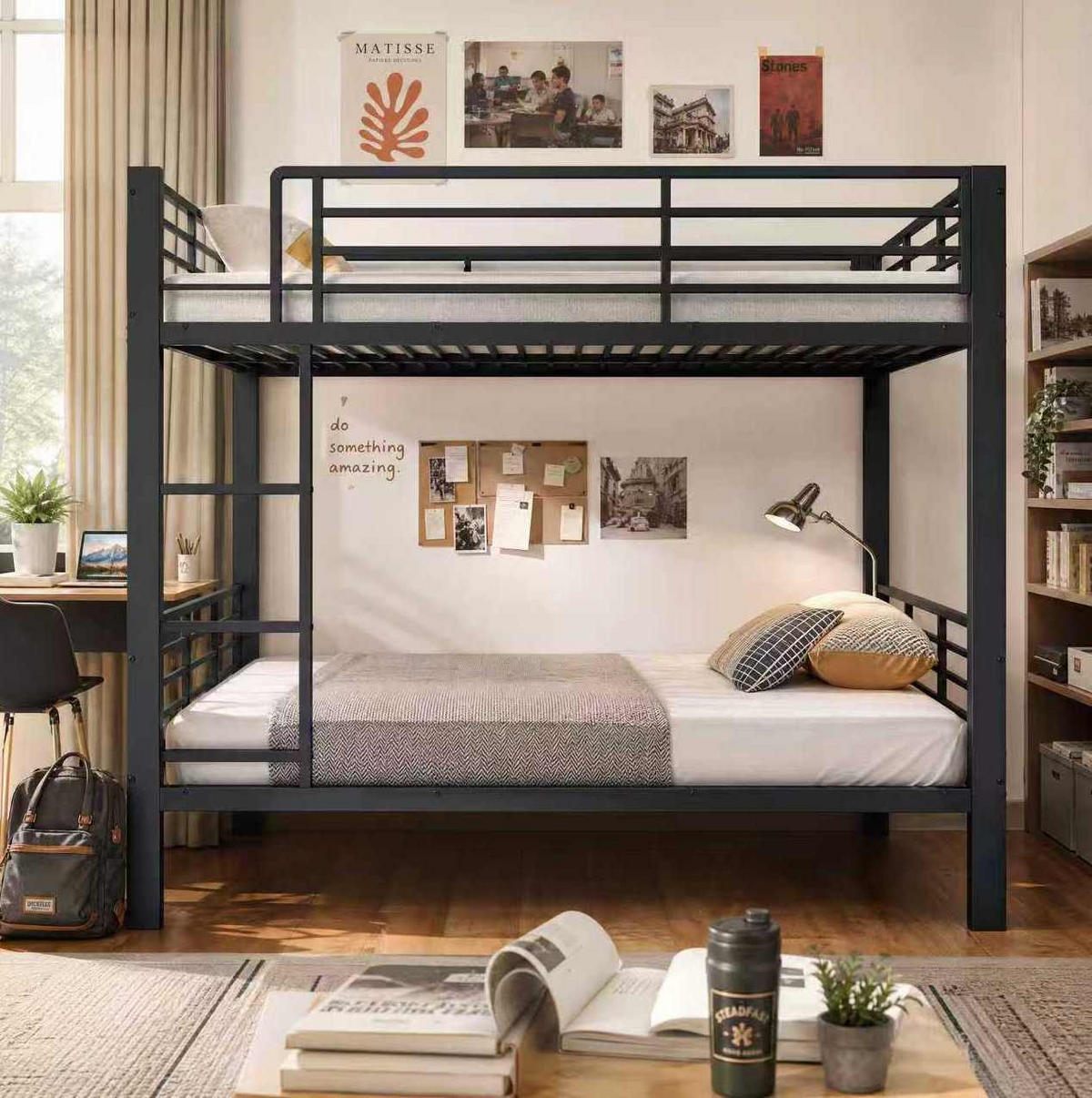 ETAGENBETT 140/200 cm aus Metall mit Sicherheitsgeländer, Schwarz - Schwarz, Metall (140/200cm) - OKMYHOME