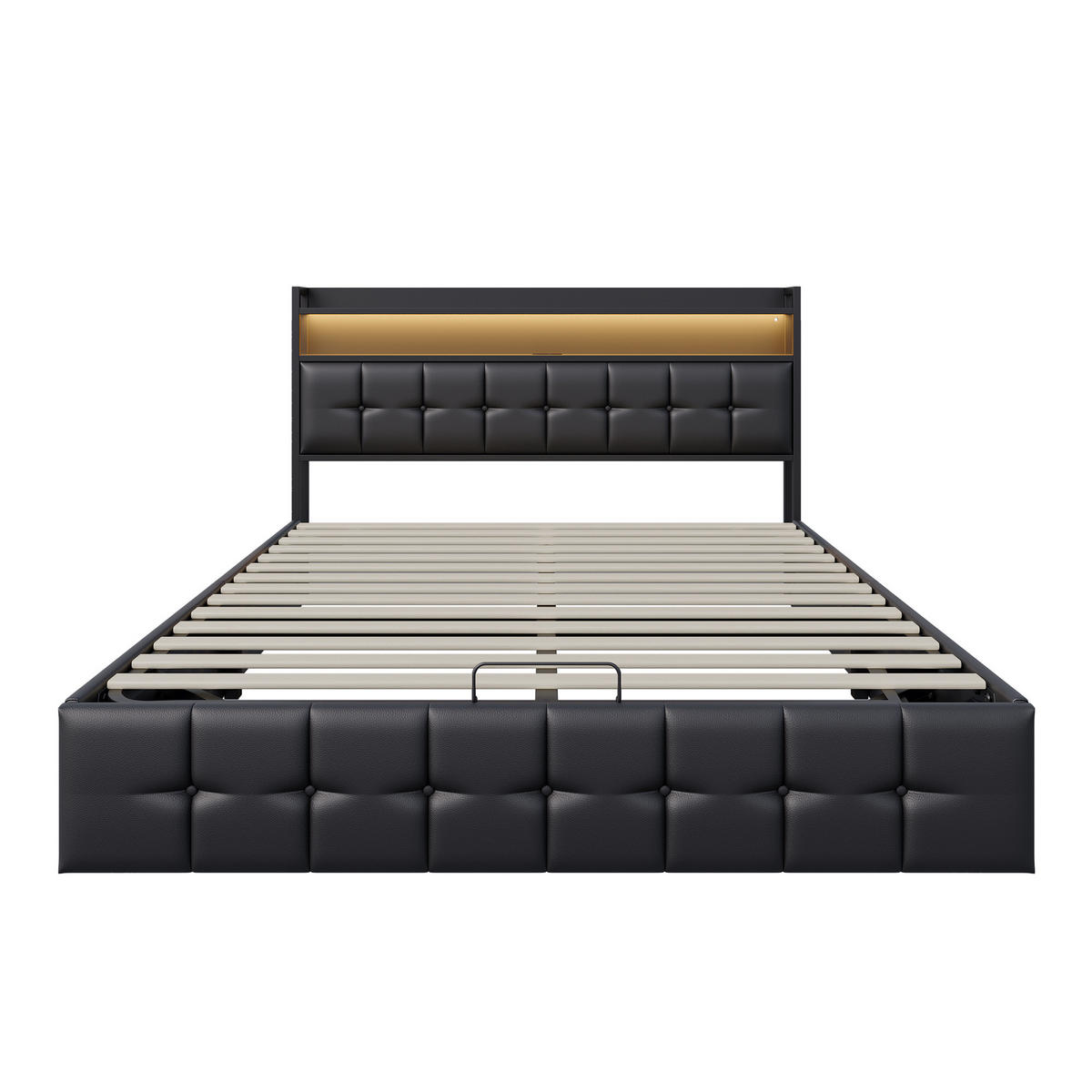 BETT mit Bettkasten 140x200 cm mit LED und USB, Polsterbett 140x200, Doppelbett 140x200 mit Stauraum, Lattenrost, Kopfteil, Schwarz PU - Schwarz, Textil/Metall (140/200cm) - GENKI LIVING