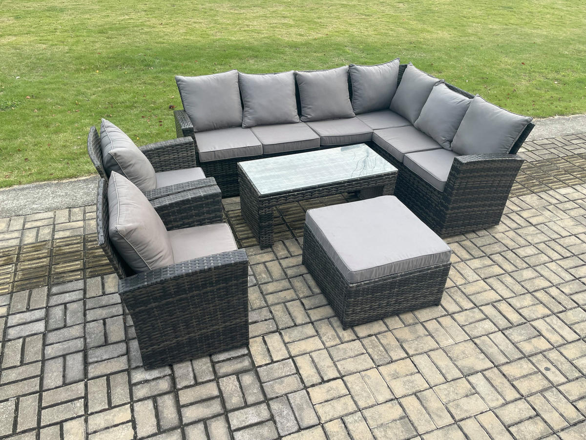 LOUNGEGARNITUR mit Couchtisch Sofa,Hocker Polyrattan Dunkelgrau 9-Sitzer - Dunkelgrau/Grau, Glas/Kunststoff - Fimous