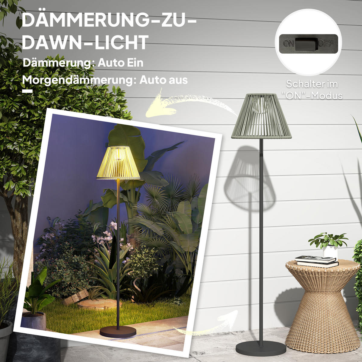 STEHLAMPE aus Rattan, Solarlampen mit Lichtsensor 25 LED-Lichte IP44 - Grau, Metall (33/33/135cm)