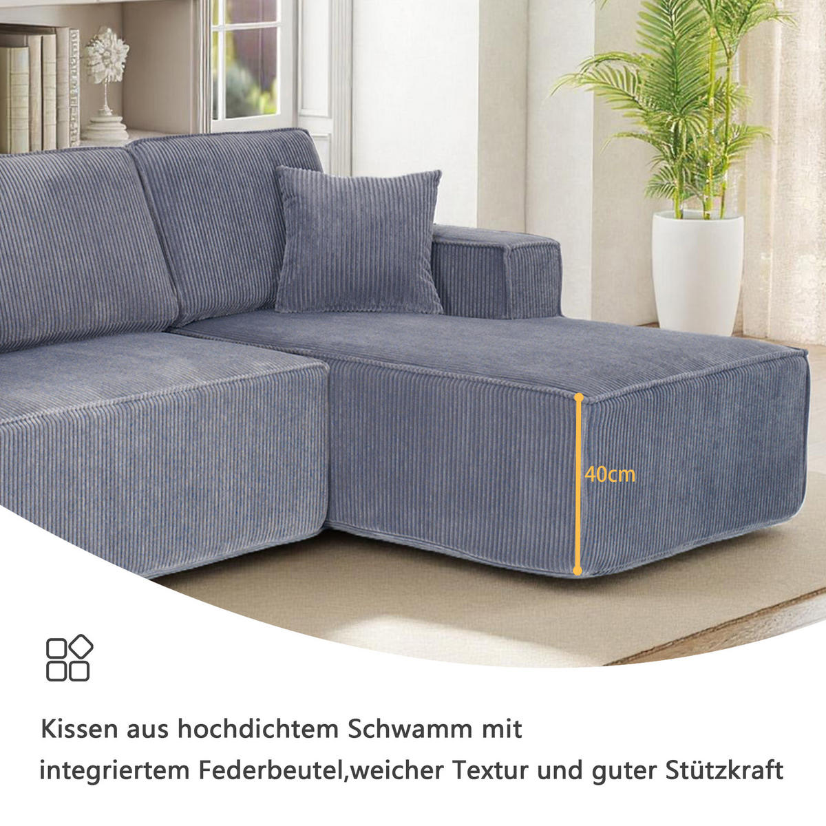 3-SITZER ECKSOFA Cord Grau mit Kissen - Grau, Textil (235/128cm) - WISHDOR