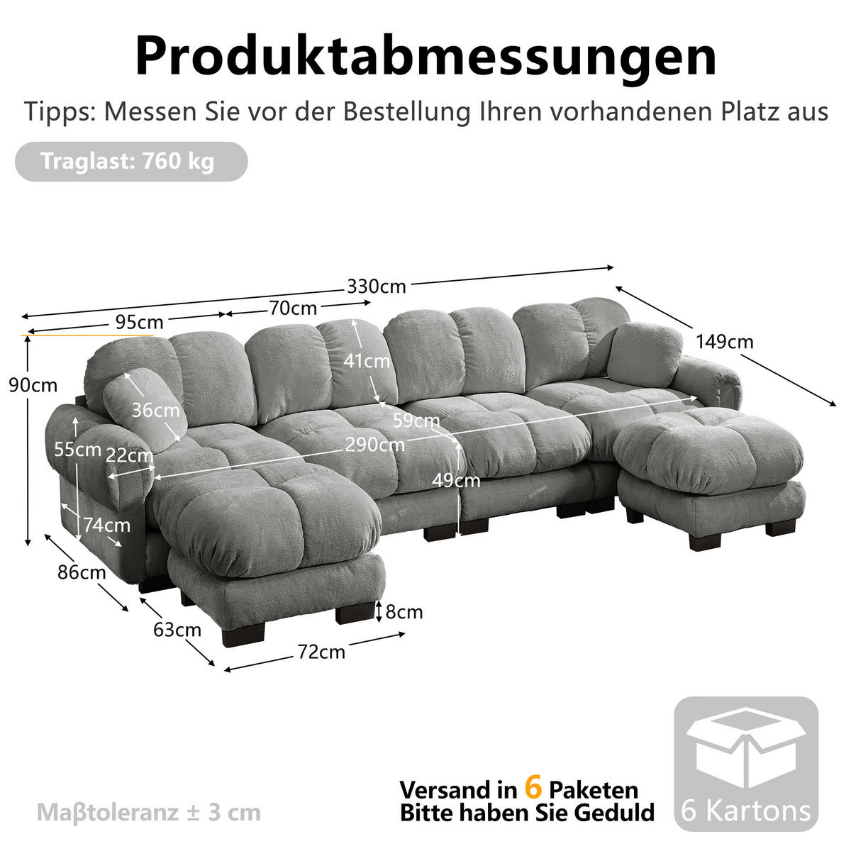 WOHNLANDSCHAFT DE-34384 U-Form mit 2 Ottomans und Steppdesign Hellgrau - Hellgrau, Textil (149/90/330cm) - ComfortXL
