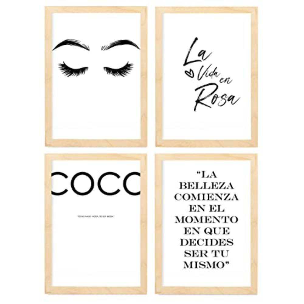 POSTER Set mit 4 Coco TypografieStil A4 Rahmen aus hellem Holz - Beige, Papier (29.7/3cm) - Nacnic