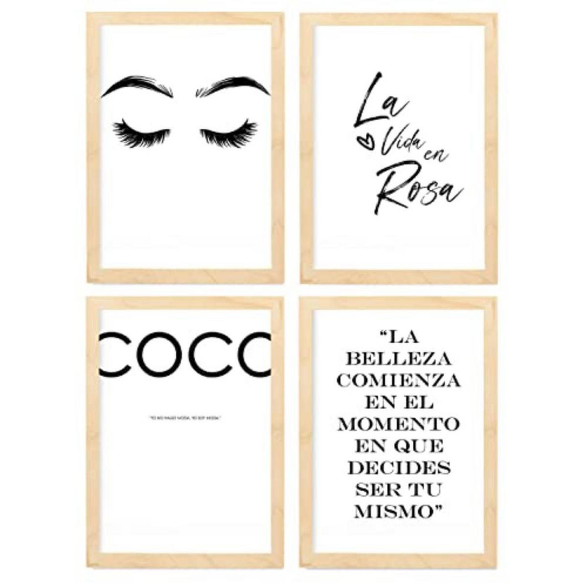 POSTER Set mit 4 Coco TypografieStil A4 Rahmen aus hellem Holz - Beige, Papier (29.7/3cm) - Nacnic