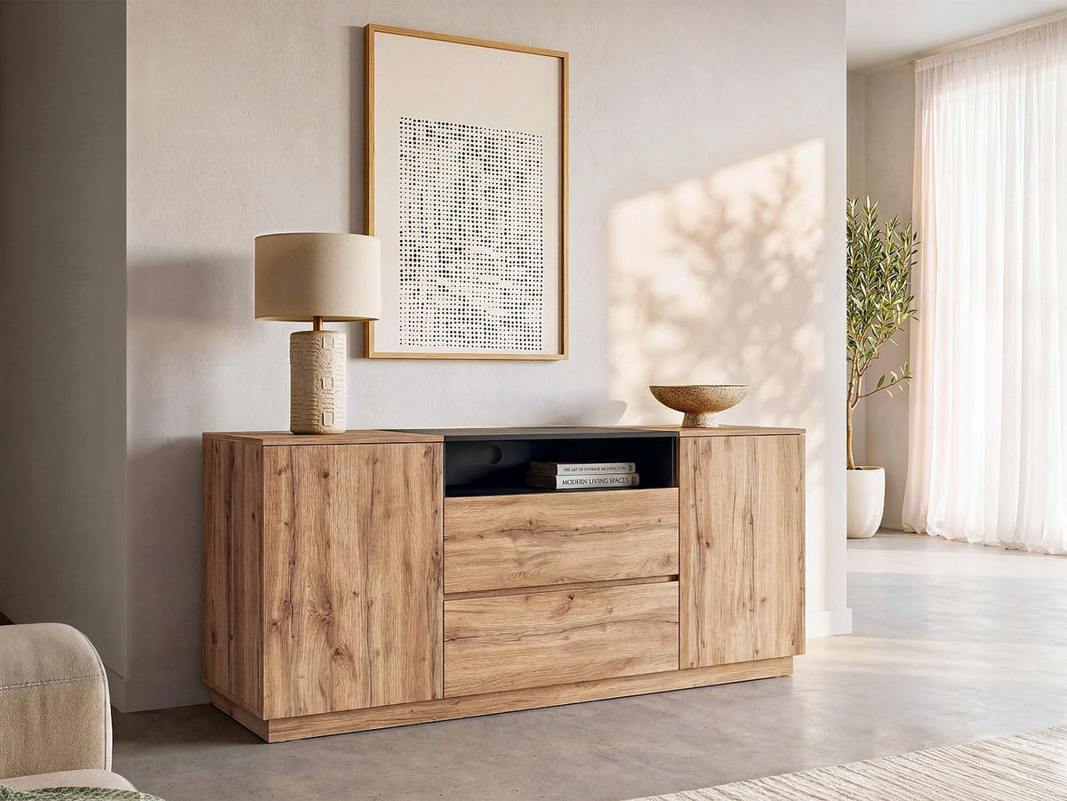 SIDEBOARD - 180 cm x 40 cm - Holz, Platte - Schwarz, Naturfarben Hell CEMILINA - Hellbraun, Holz (180/75/40cm) - Vente-Unique