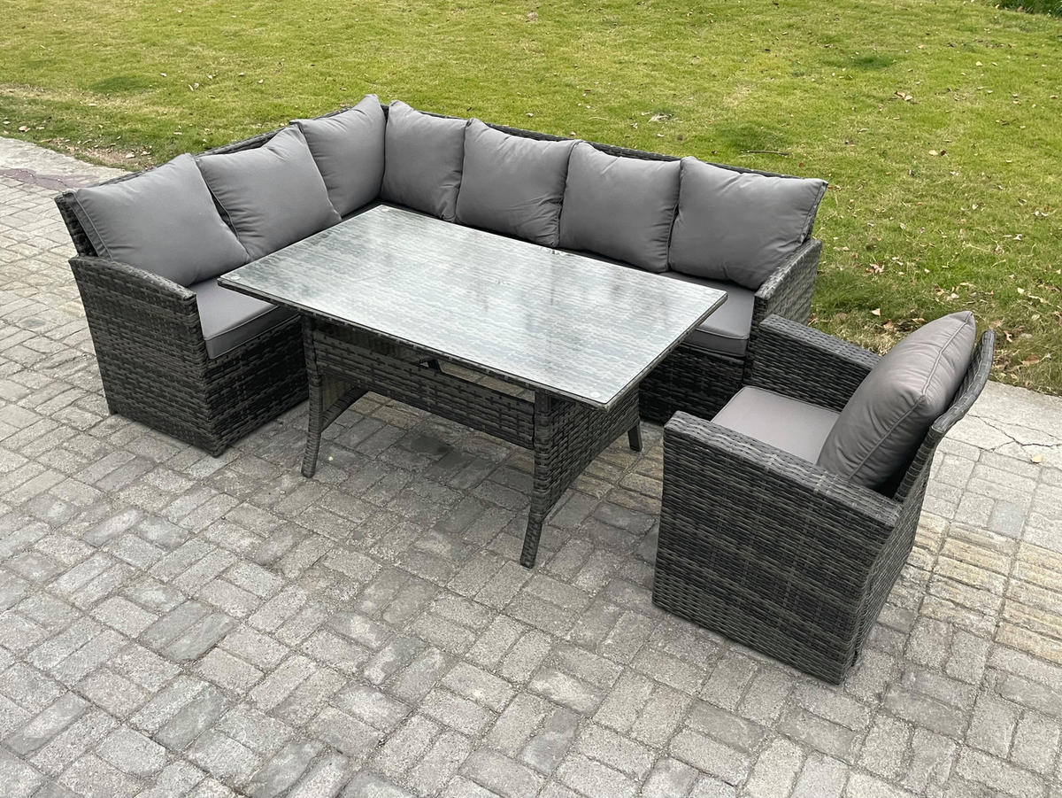 SITZGRUPPE mit Esstisch Polyrattan Dunkelgrau 7-Sitzer - Dunkelgrau/Grau, Glas/Kunststoff - Fimous