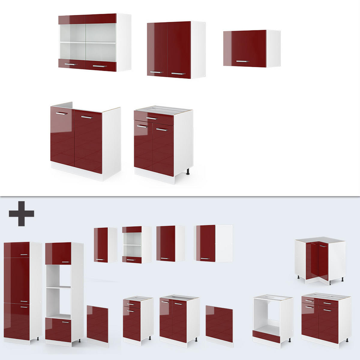 KÜCHENZEILE R-Line Bordeaux Hochglanz/Weiß 200 cm, AP Eiche - Bordeaux/Weiß, Holzwerkstoff (200/81.6/60cm) - Vicco