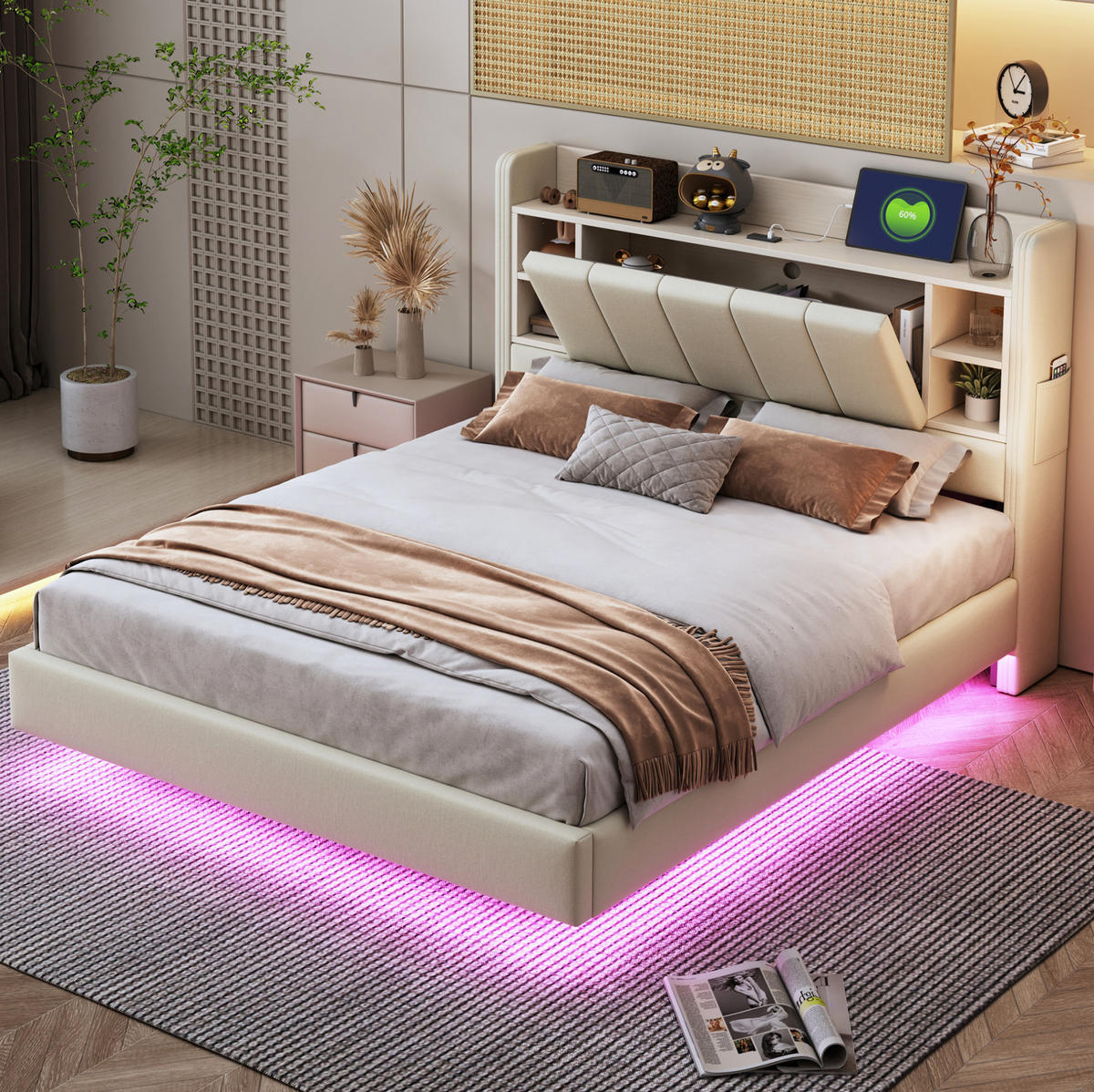 POLSTERBETT mit Stauraum, LED und USB 140x200 cm Beige - Beige, Metall (140/200cm) - Meubliv